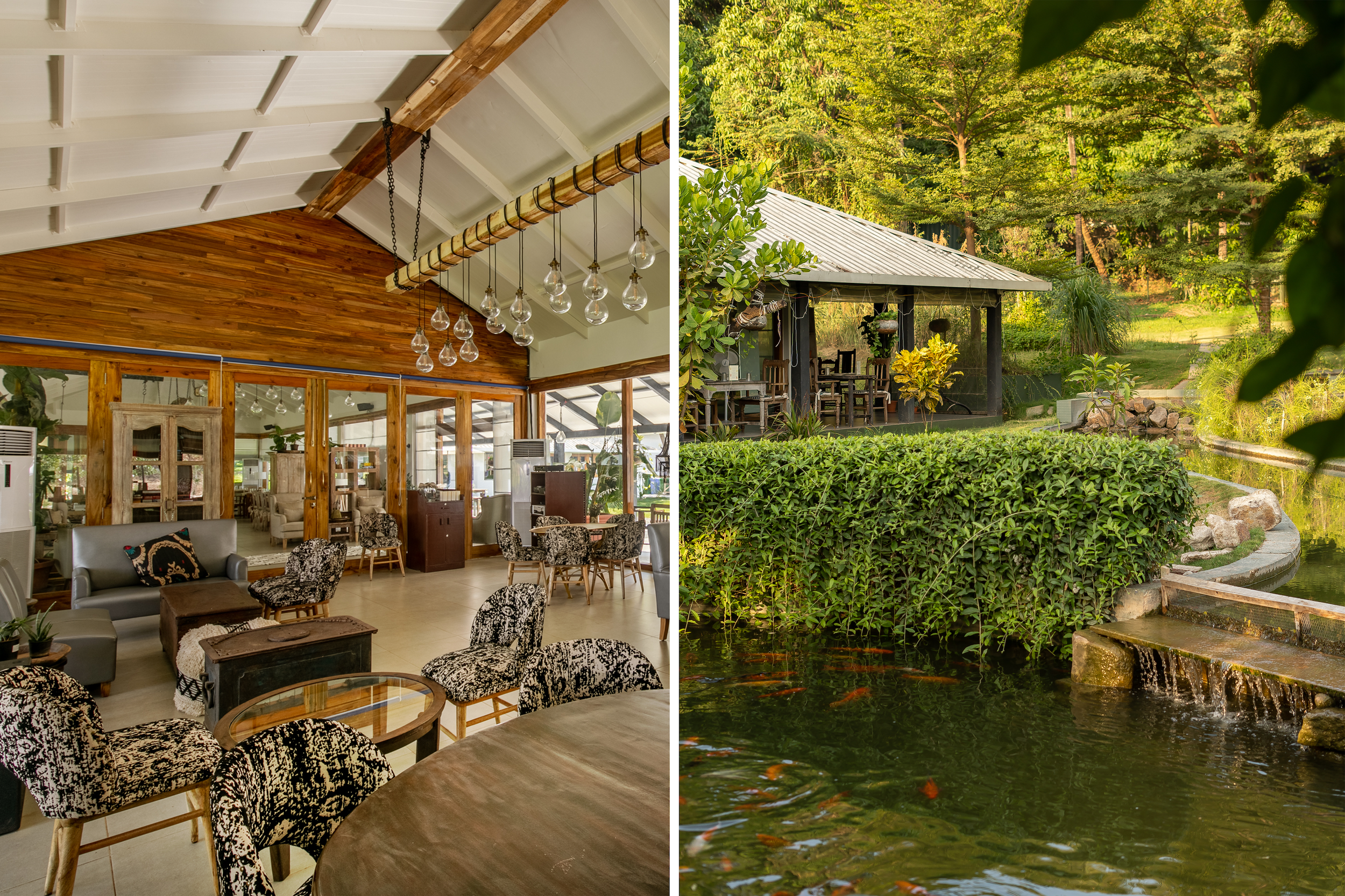 Oleander Farms India estate with working fields growing fruits, vegetables, spices and rice, farm-to-table dining at Saltt restaurant with glass walls, wooden furniture, lush greenery, and rustic-sophisticated ambiance