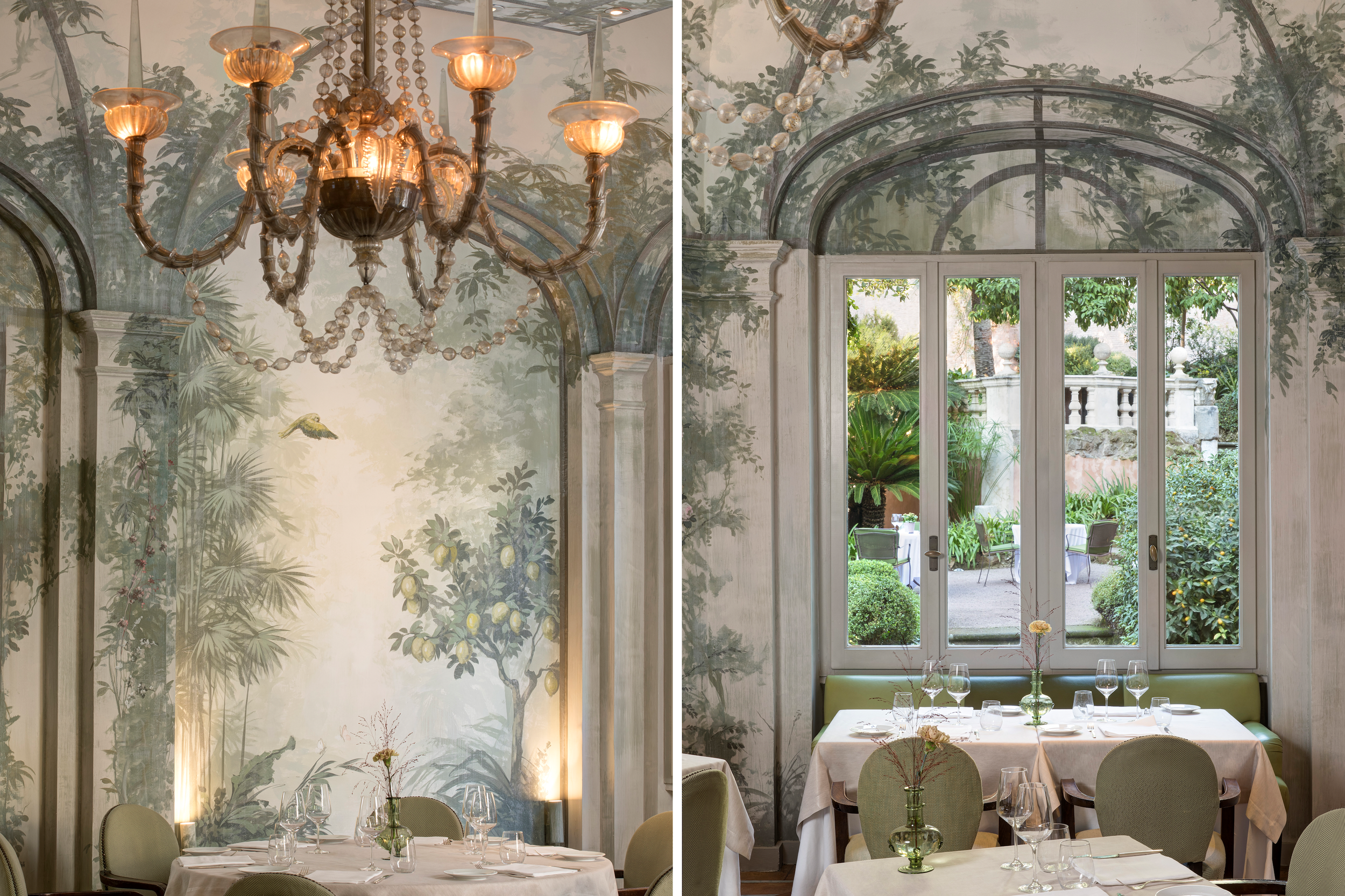 Hotel de Russie Rome Italy fine-dining restaurant with crystal chandeliers, white tablecloths, painted creepers on pillars, garden views through tall windows, and personal butler service with silver cutlery