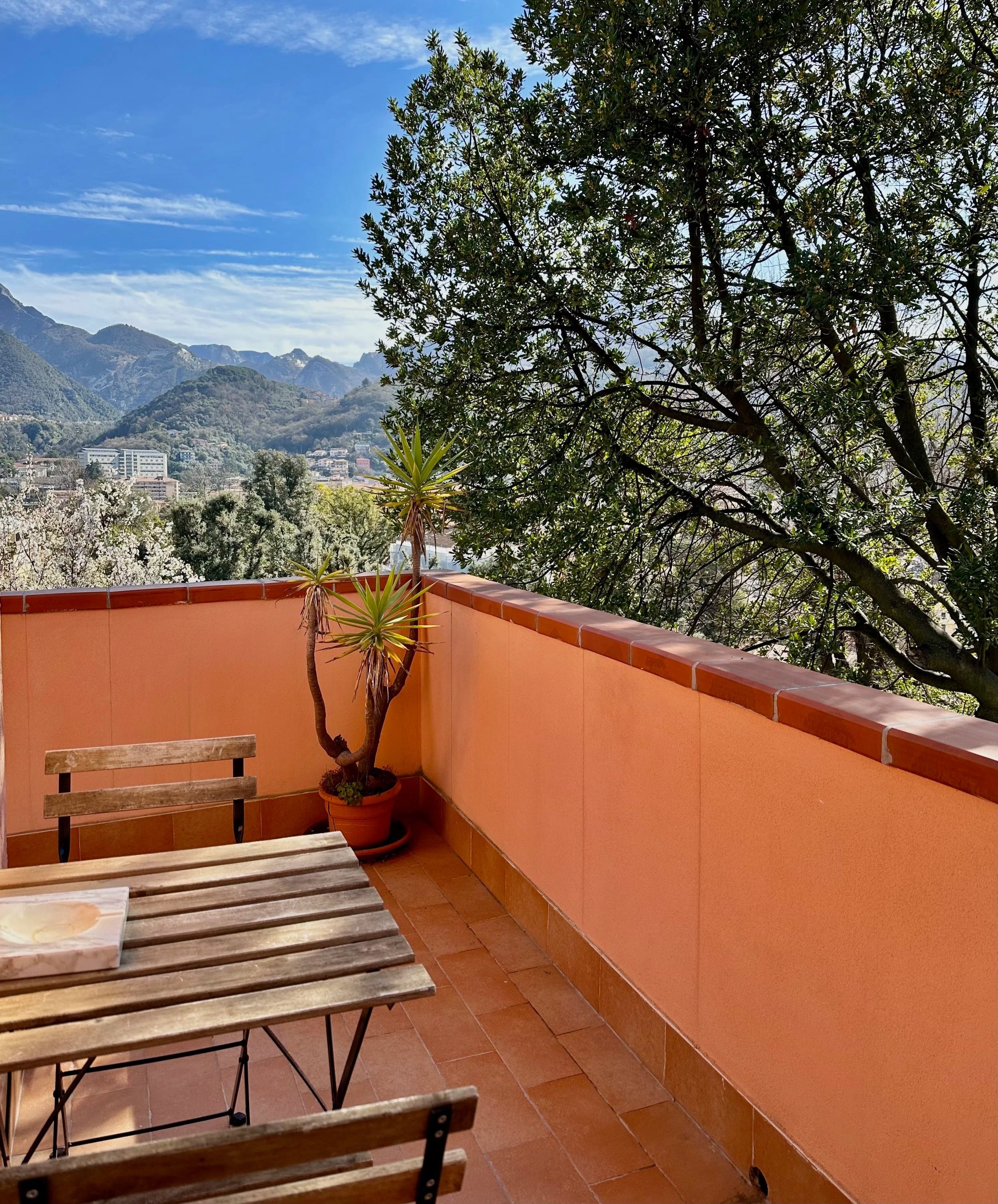 Carrara marble quarries B&B, AirB&B, in Tuscany, Italy, source of Michelangelo’s David and Renaissance sculpture, beneath a brilliant blue Mediterranean sky