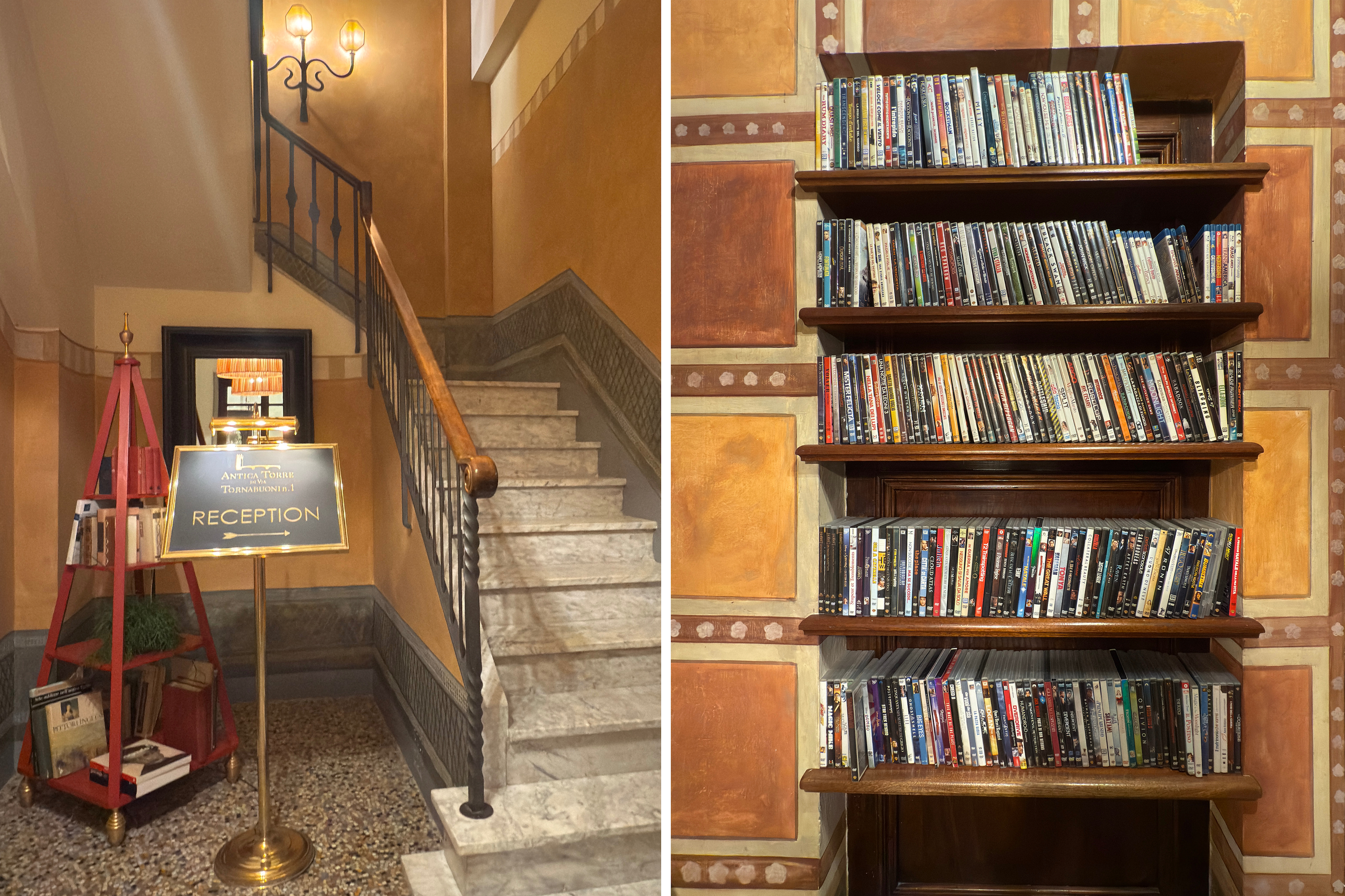 Restored luxury hotel in Florence historic centre with carved timber doors, polished marble floors, vaulted arches and warm pendant lighting, steps from the Duomo and designer boutiques.