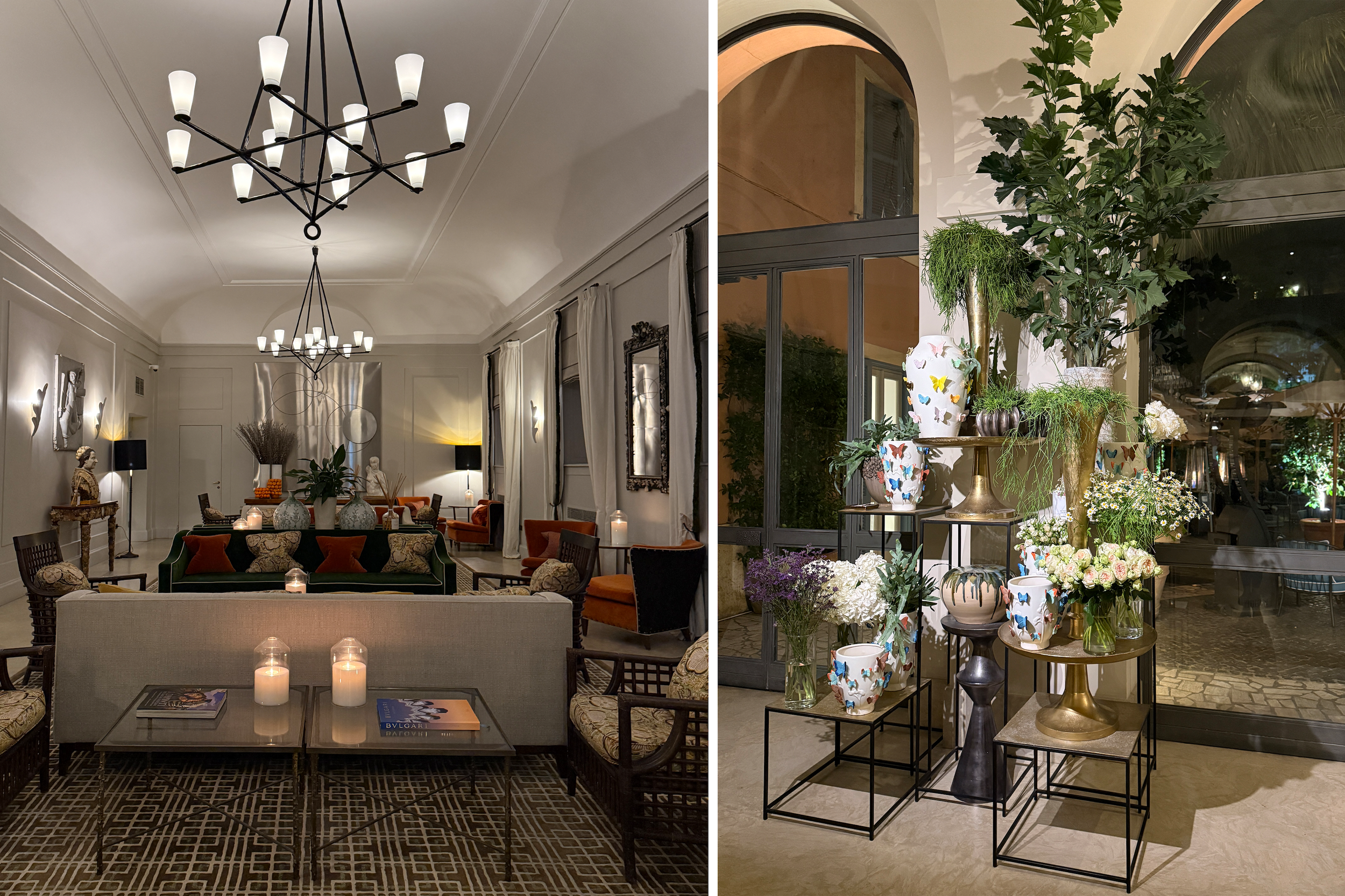 Le Jardin Hotel de Russie Rome Italy luxury garden restaurant with lush citrus trees, butterflies, painted parrots, elegant staircases, and contemporary interiors by Italian artist Gio Bressana