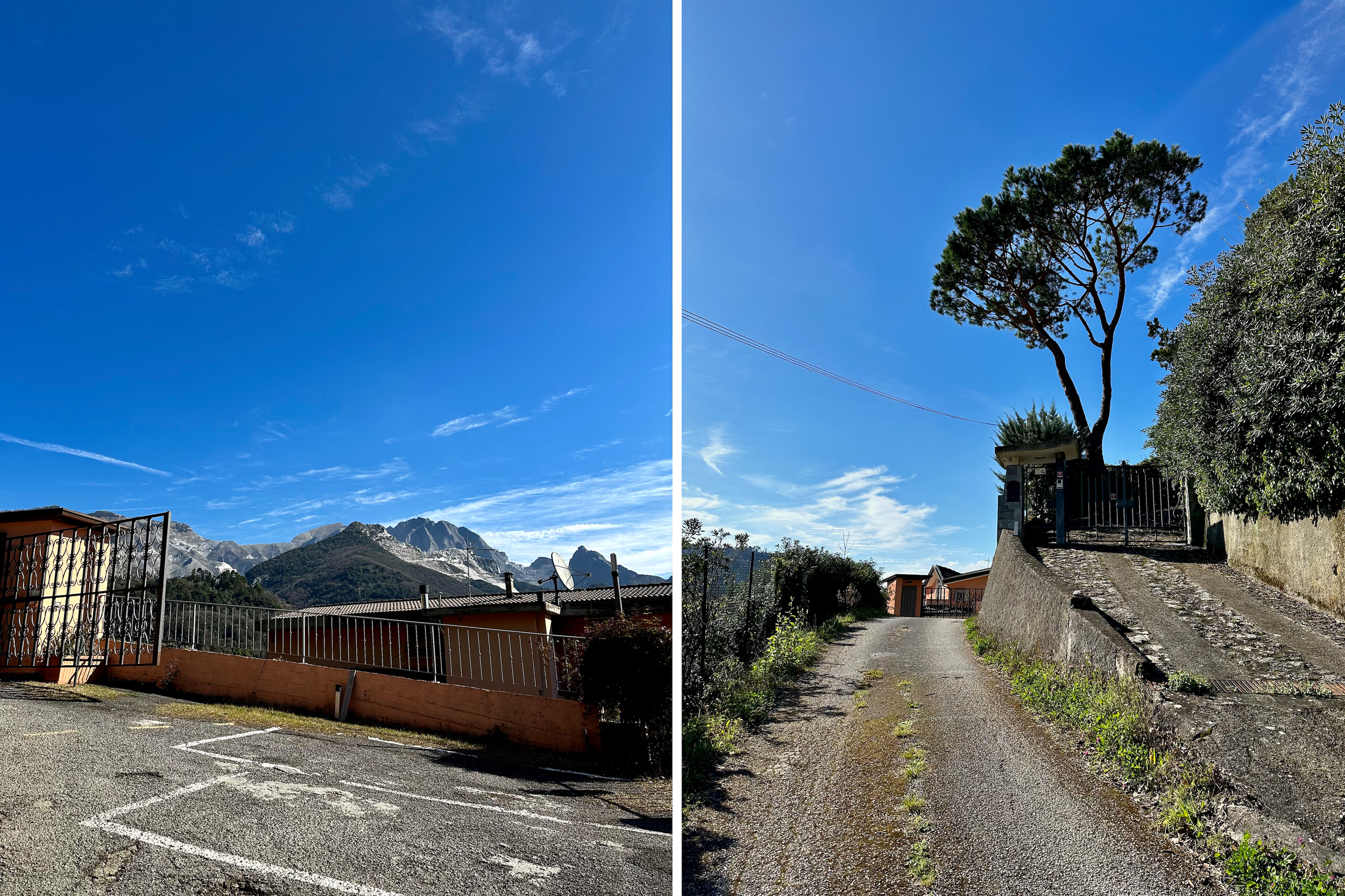 Aerial view of Carrara marble quarries in northern Tuscany, Italy, dramatic white stone landscape under vivid blue sky