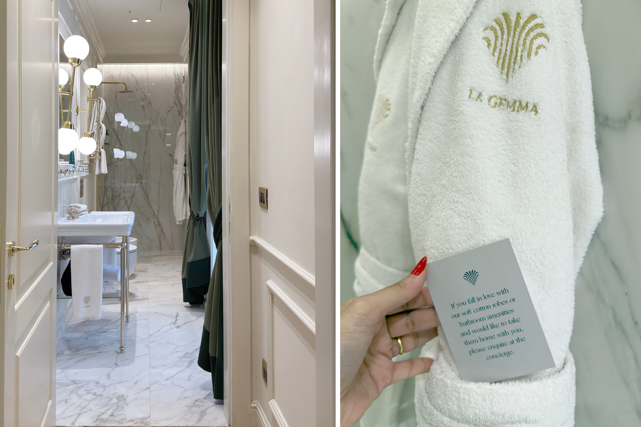 Compact gold white marble bathroom with floors and walls clad in stone, fitted with Devon & Devon fixtures, accented by a gold toilet brush and a bathrobe with a tucked note for a playful finishing touch.