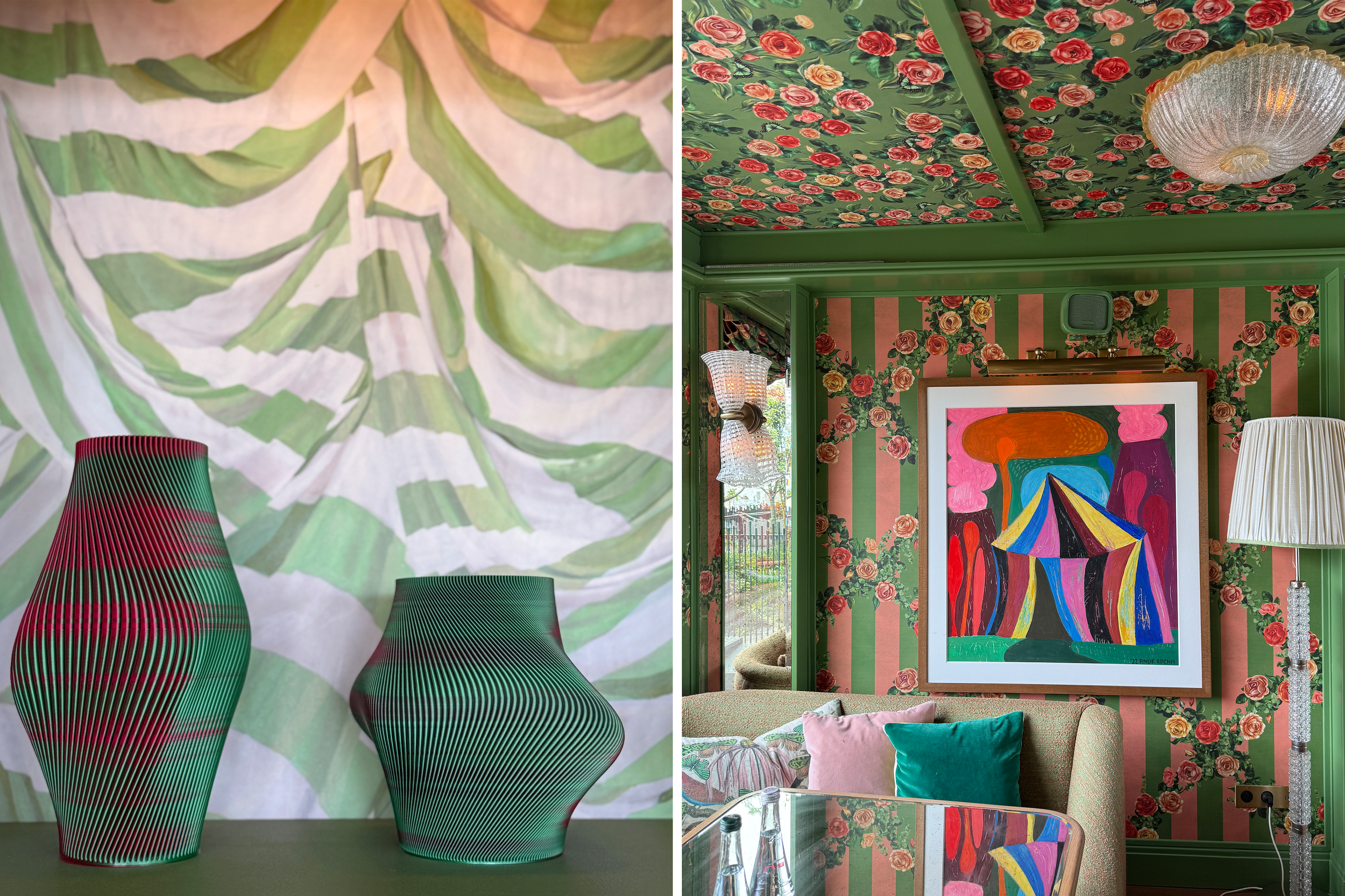 La Fantaisie Mumbai India interior with Anuk Rocha painting, trellis-striped walls, Marshall jukebox playing French instrumentals, SHEYN wavy vases, and whimsical maximalist decor inspired by circus, Wes Anderson, Dalí, and Liberace