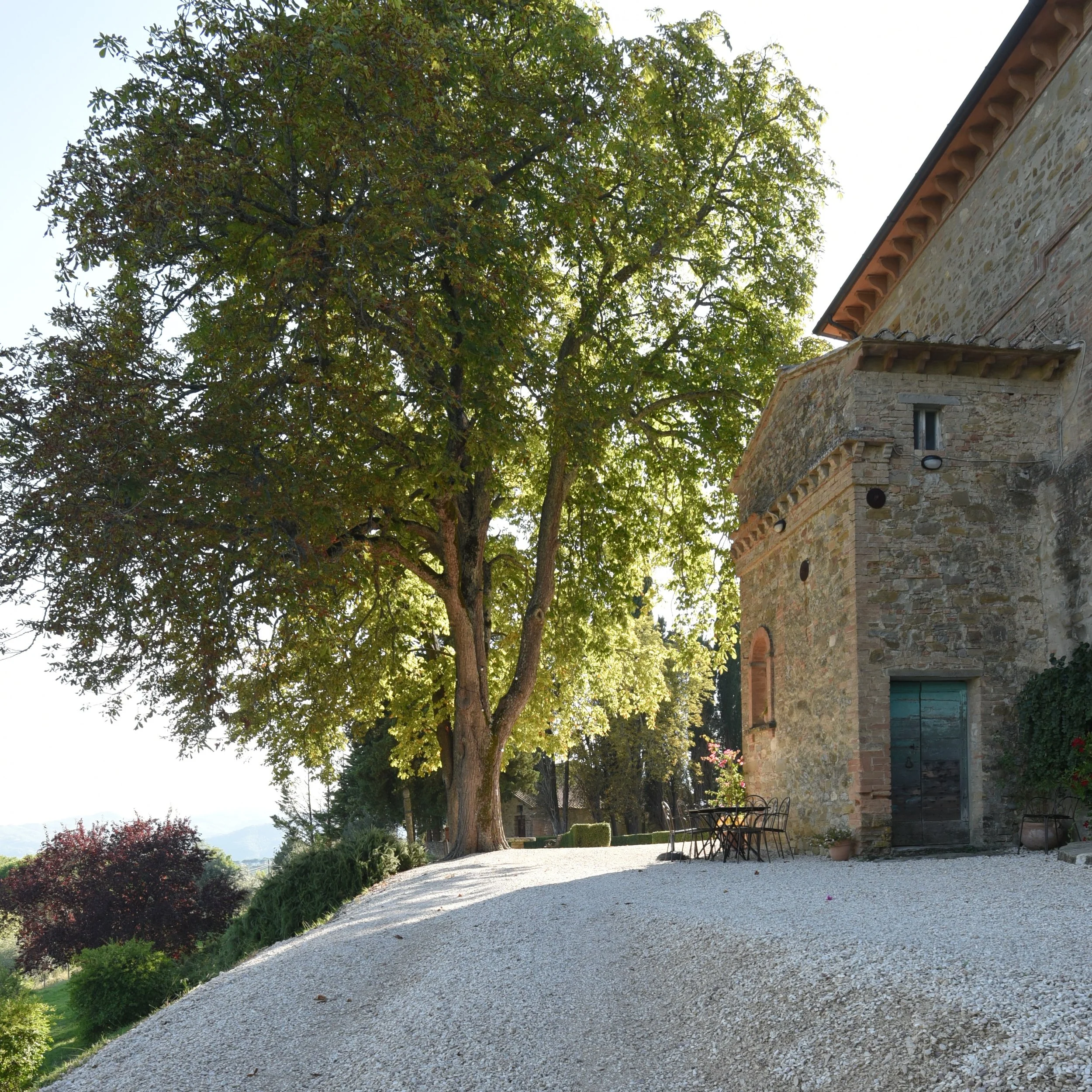 Traditional Umbrian stone farmhouse with tree, bushes, and mountain backdrop.