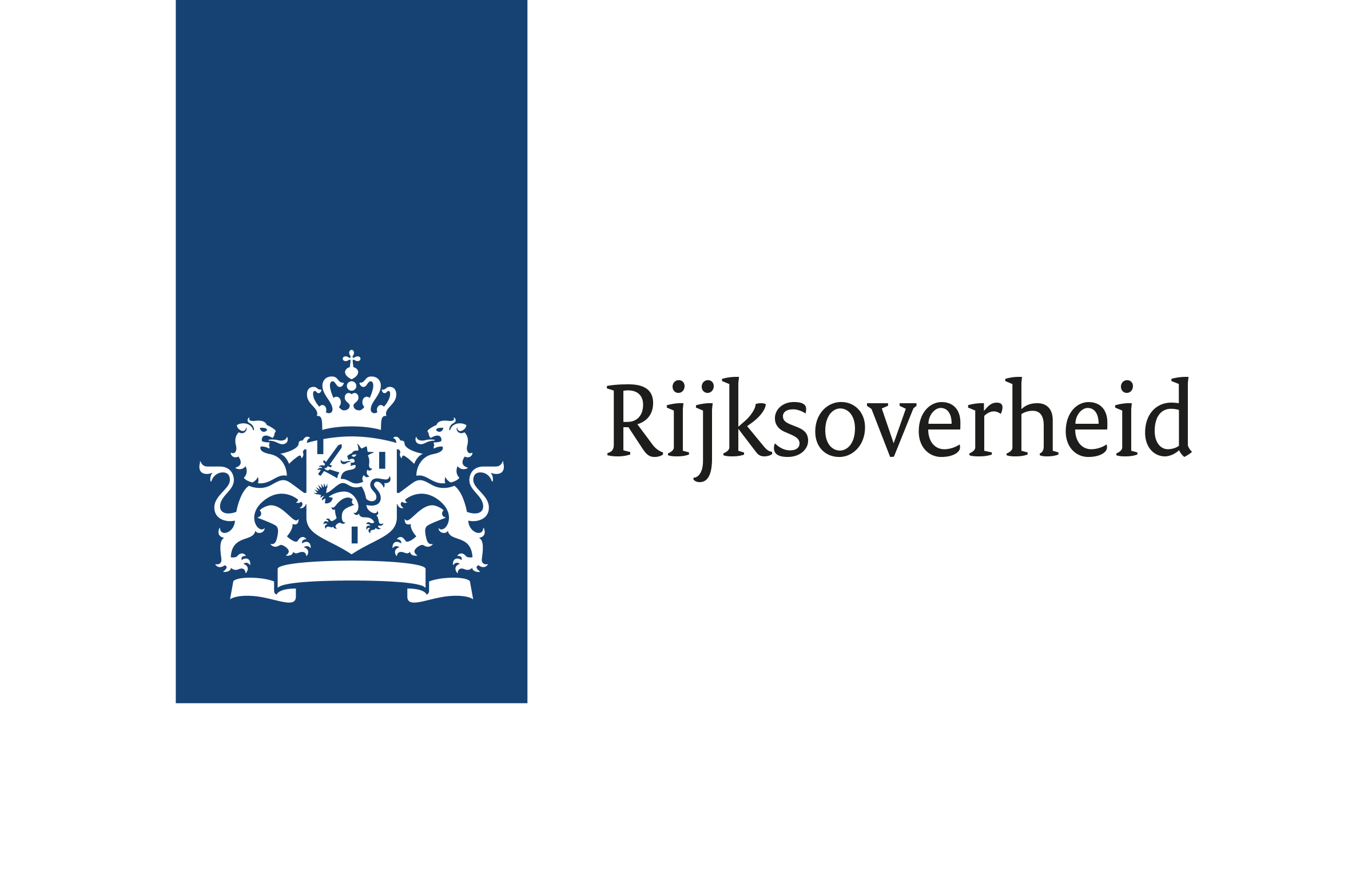Logo van de Rijksoverheid met een blauwe achtergrond en een witte kroon met twee leeuwen aan weerszijden, en de tekst 'Rijksoverheid'