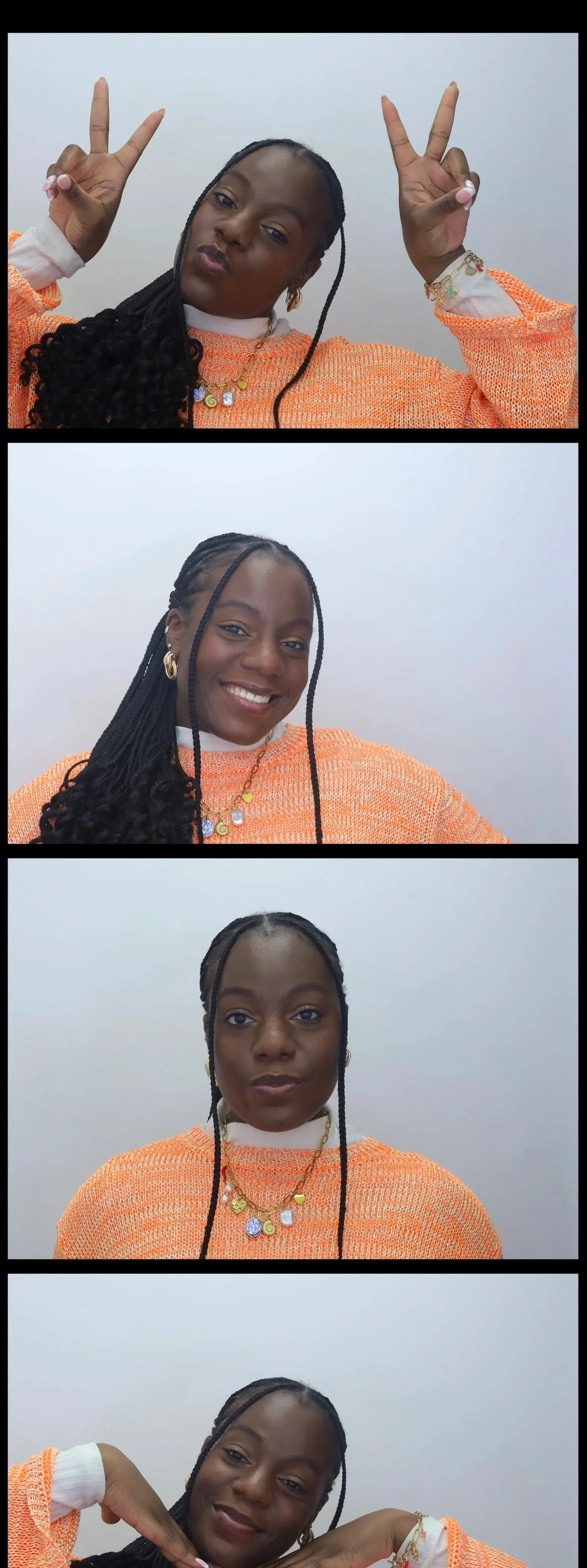 Vrouw met lange gekrulde haar in een oranje trui, maakt verschillende gezichtsuitdrukkingen en poses voor de camera, tegen een effen witte achtergrond.