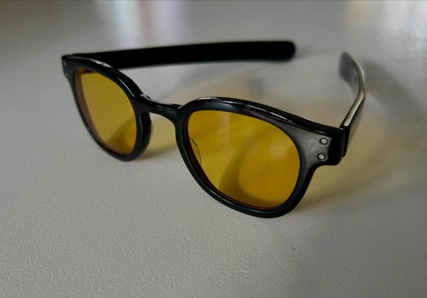 A vintage acetate frame brought back to life with acetate welding, rehydration, buffing and polishing, then finished with custom yellow lenses.