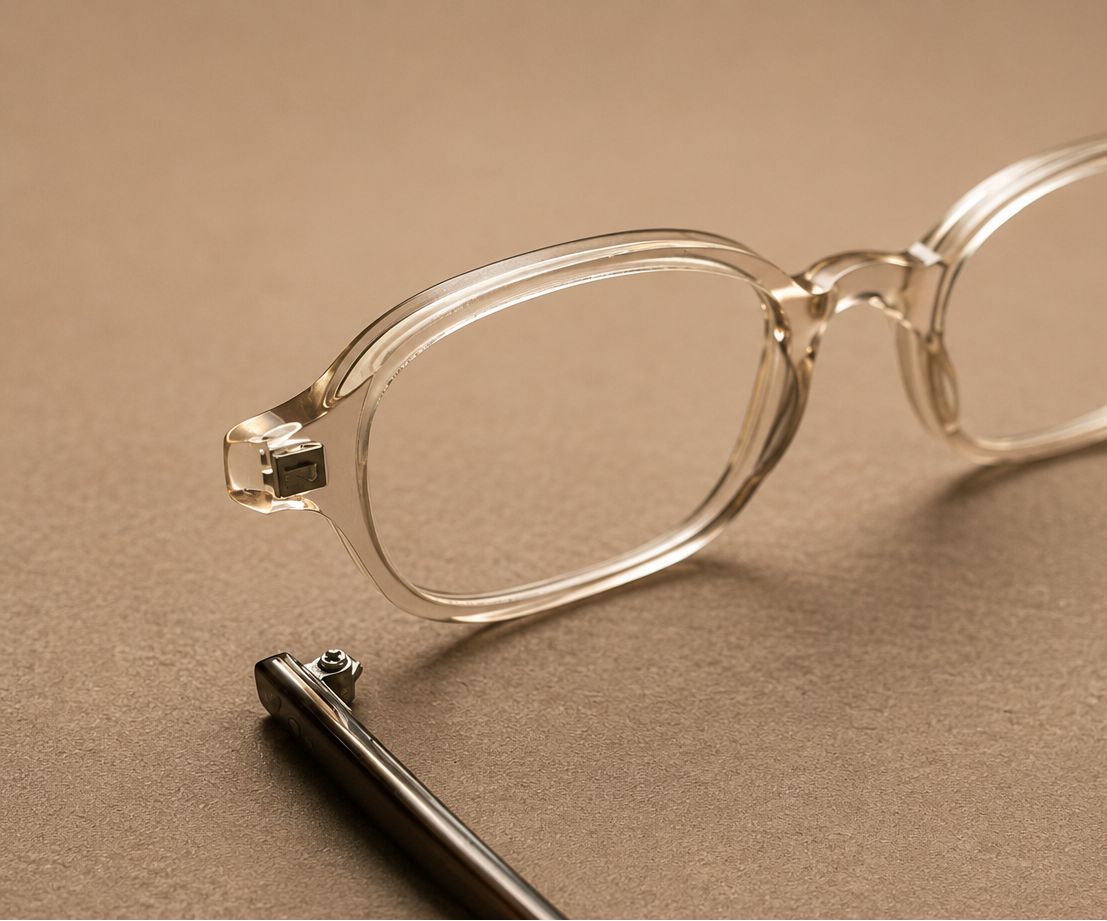 Broken acetate eyewear hinge before professional glasses repair and hinge replacement.