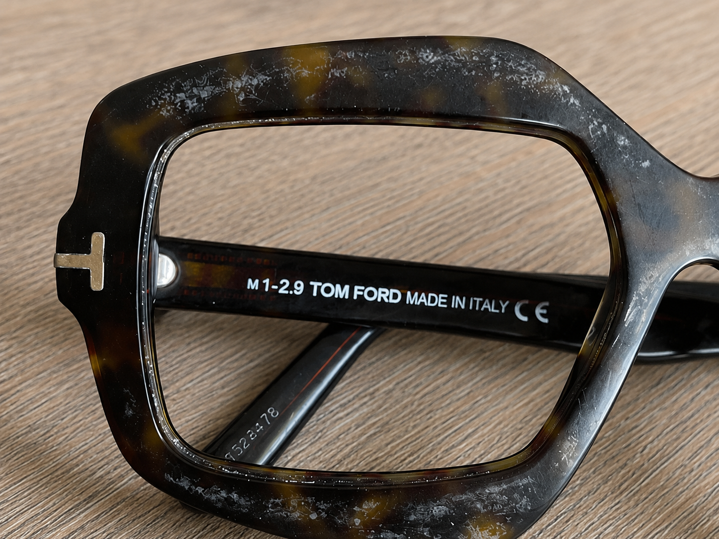 Oxidised and dull Tom Ford acetate glasses frame before refurbishment