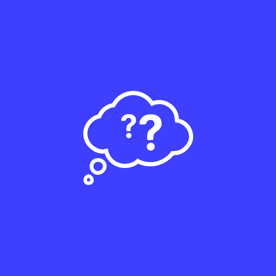 Blue background with a white thought bubble containing two question marks.