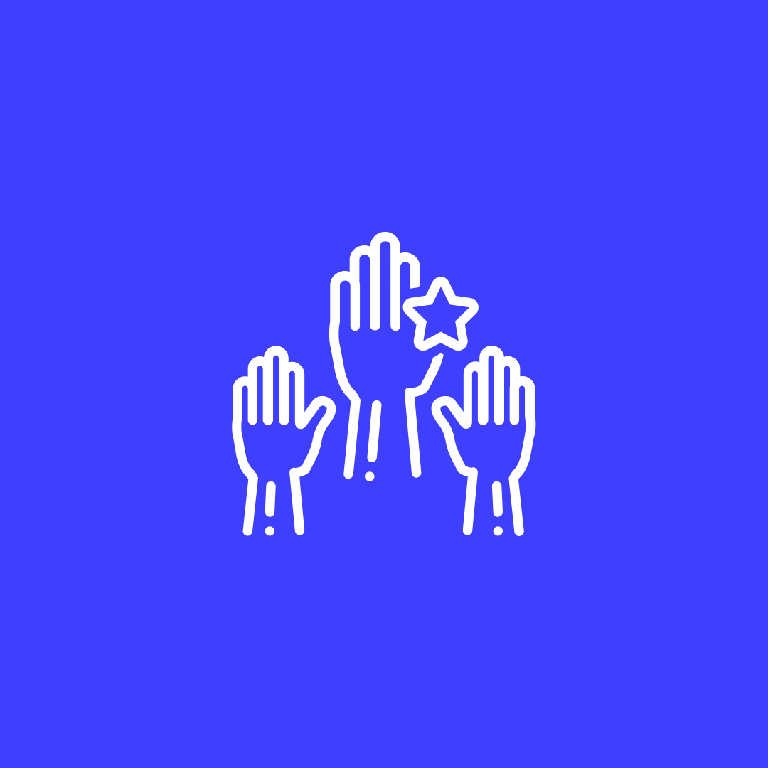 Line drawing of three hands raised with star shapes on a blue background.