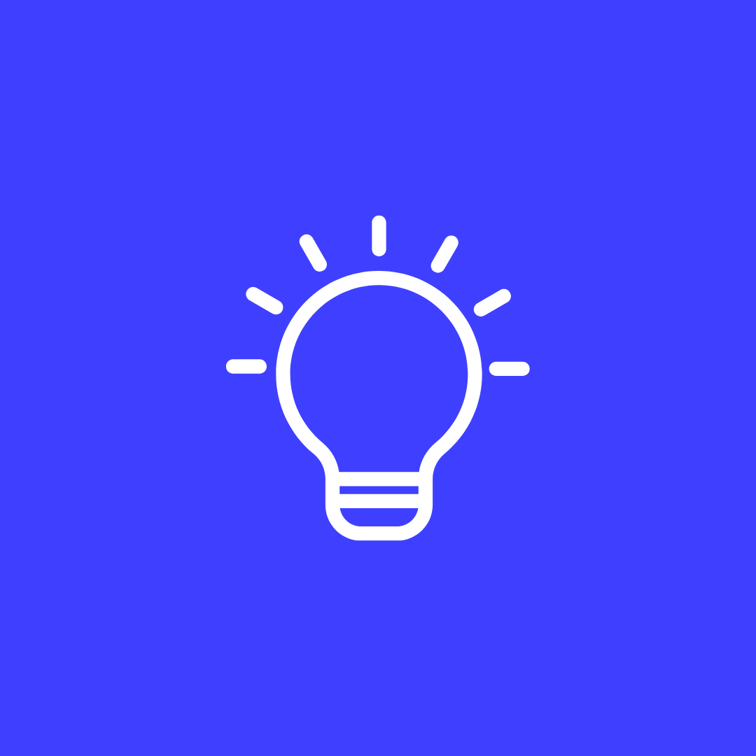 Icon of a light bulb with rays emanating from it on a blue background.