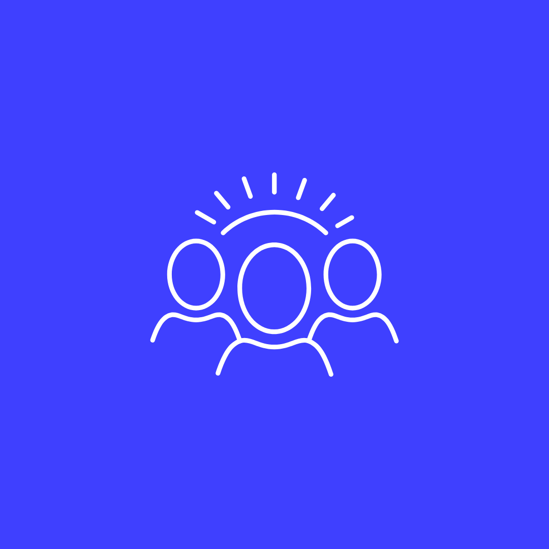 Outline illustration of three people with radiating lines above the center person on a blue background.