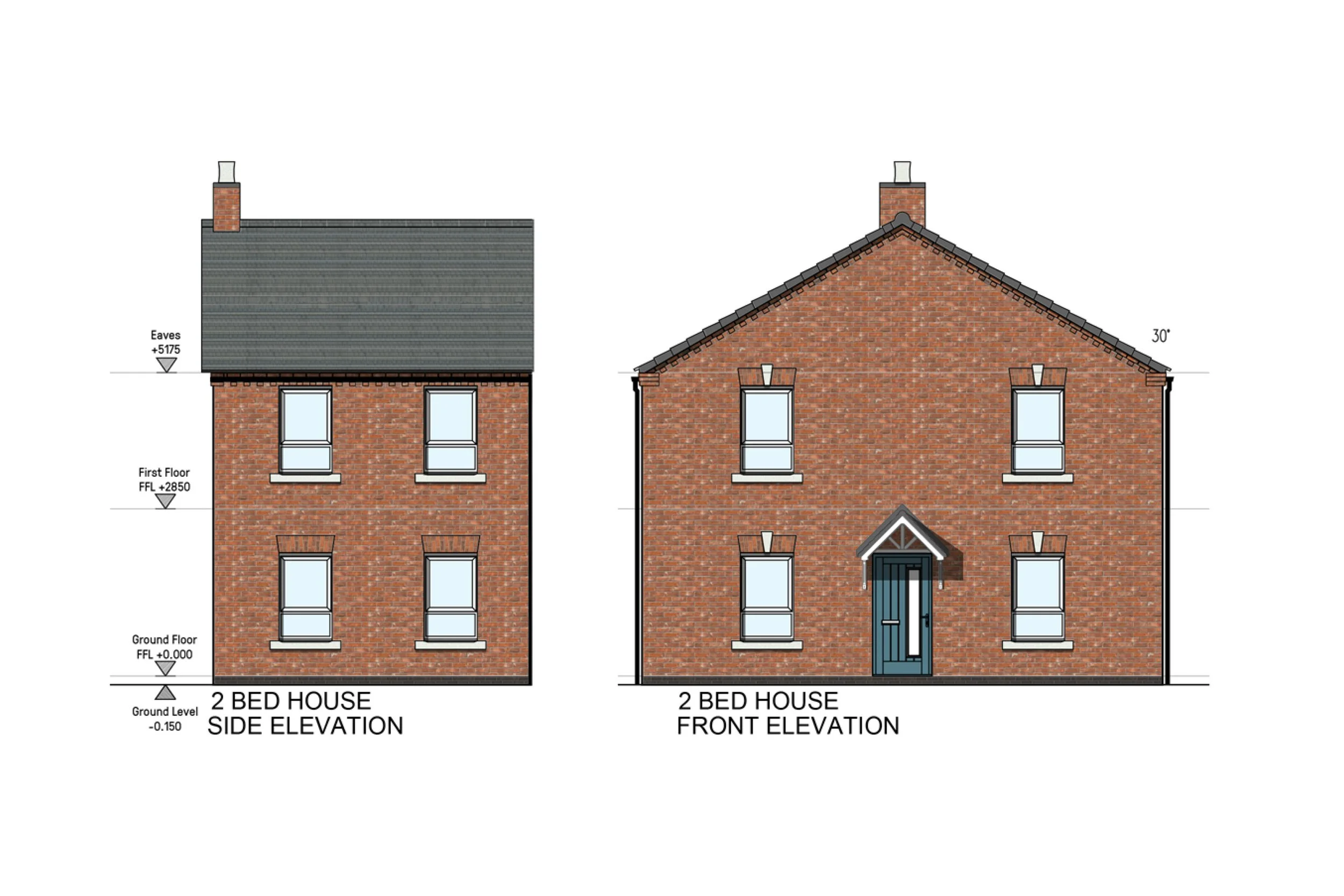 Architectural plans showing a two-story brick house with side and front elevations, including window placement, roof pitch, and door details.