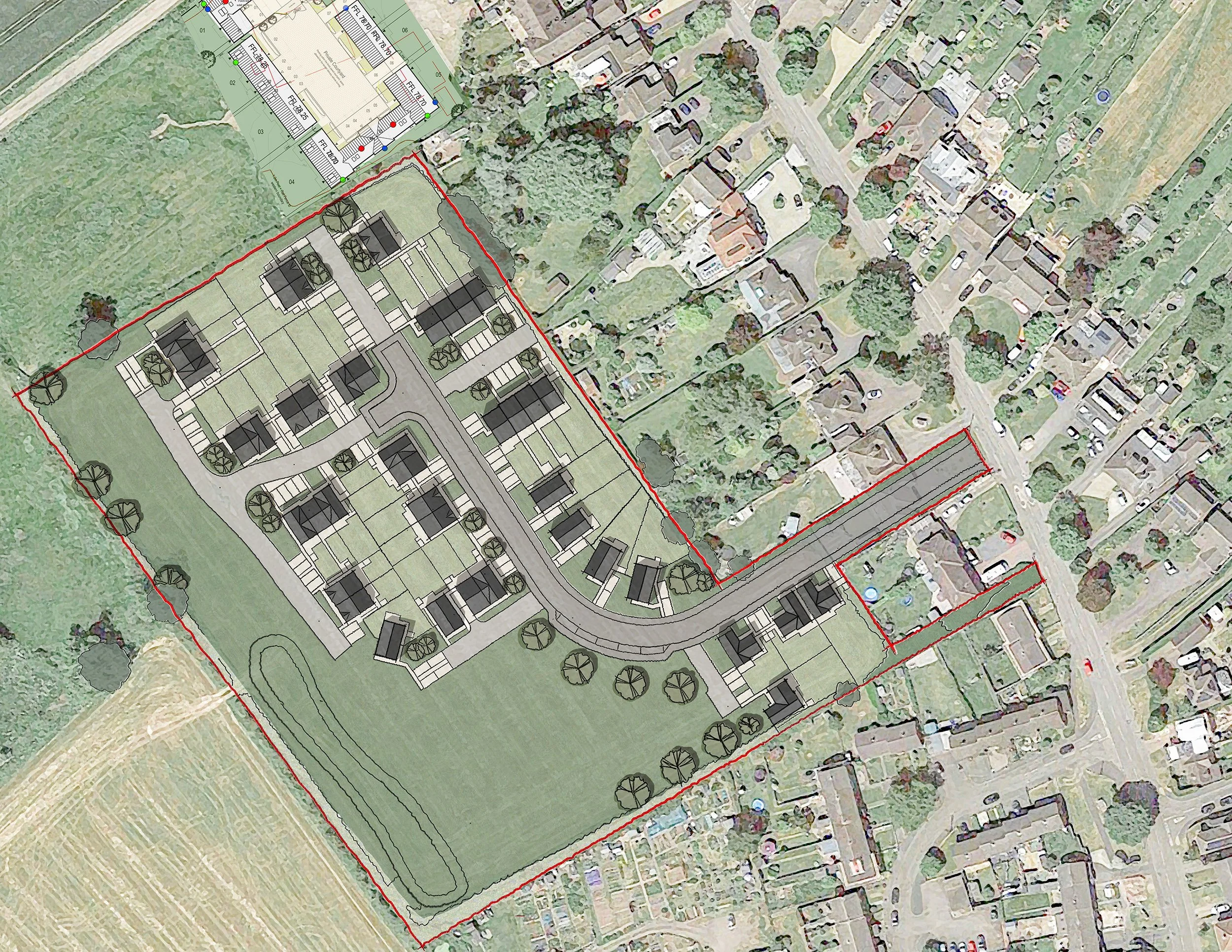 Aerial site plan for the new Warton Meadows development at a scale of 1:500.