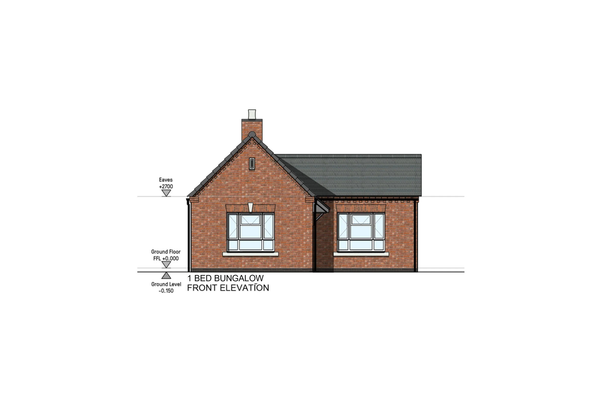 Architectural drawing of a single-story brick bungalow house front elevation with labeled ground level and eaves, and a gabled roof.