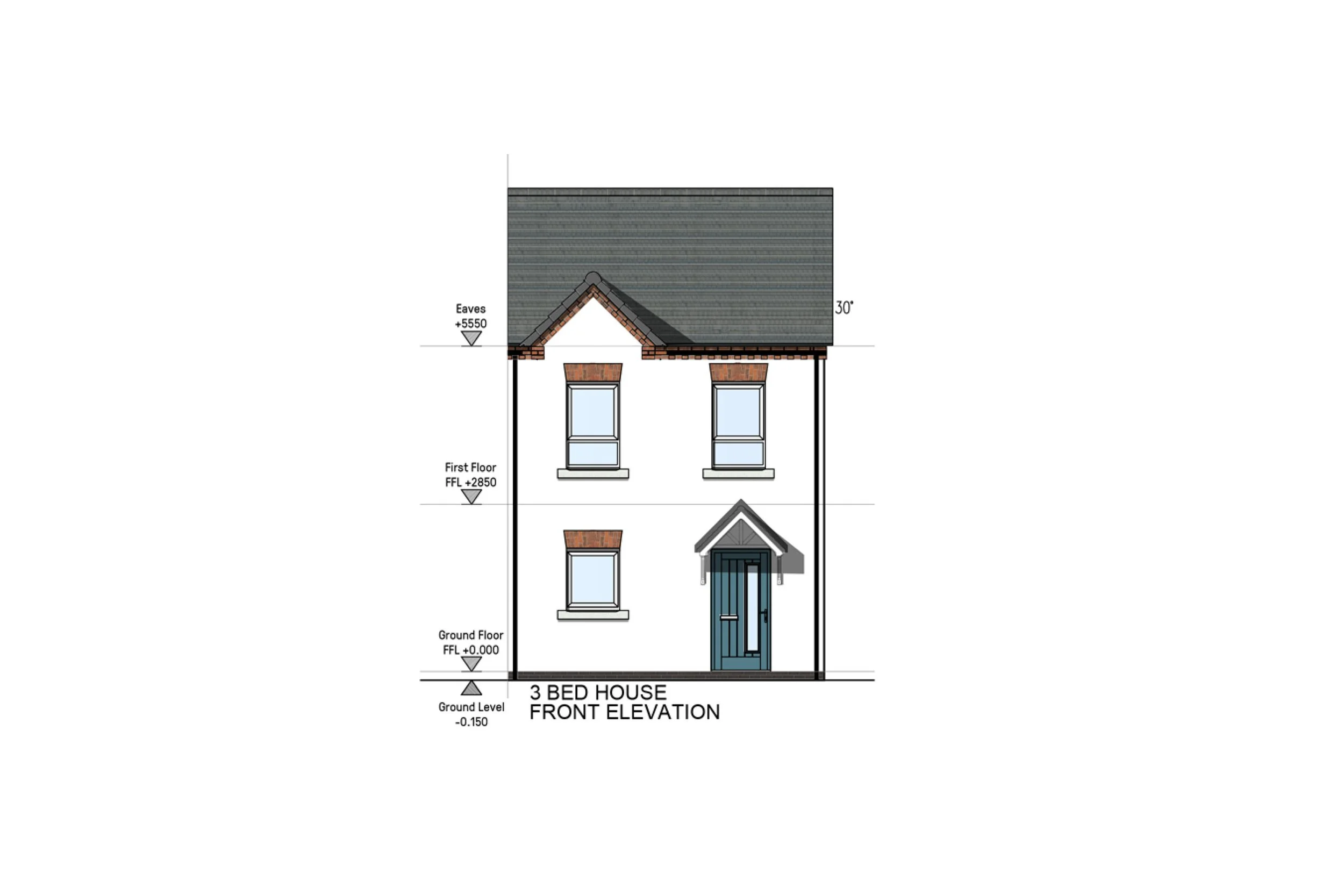 Front elevation drawing of a three-bedroom house with a gable roof, two upper windows, two lower windows, and a front porch with a door.