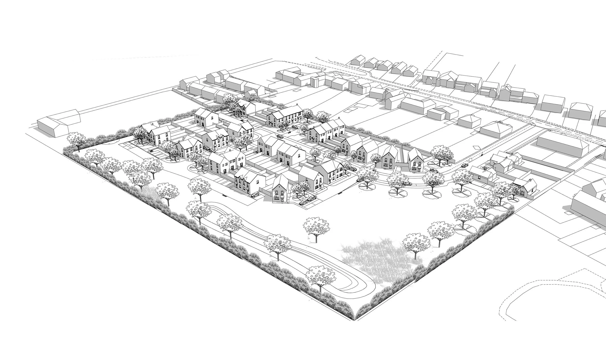 A black and white architectural drawing of the proposed Warton Meadows development, with houses, trees, and a playground.