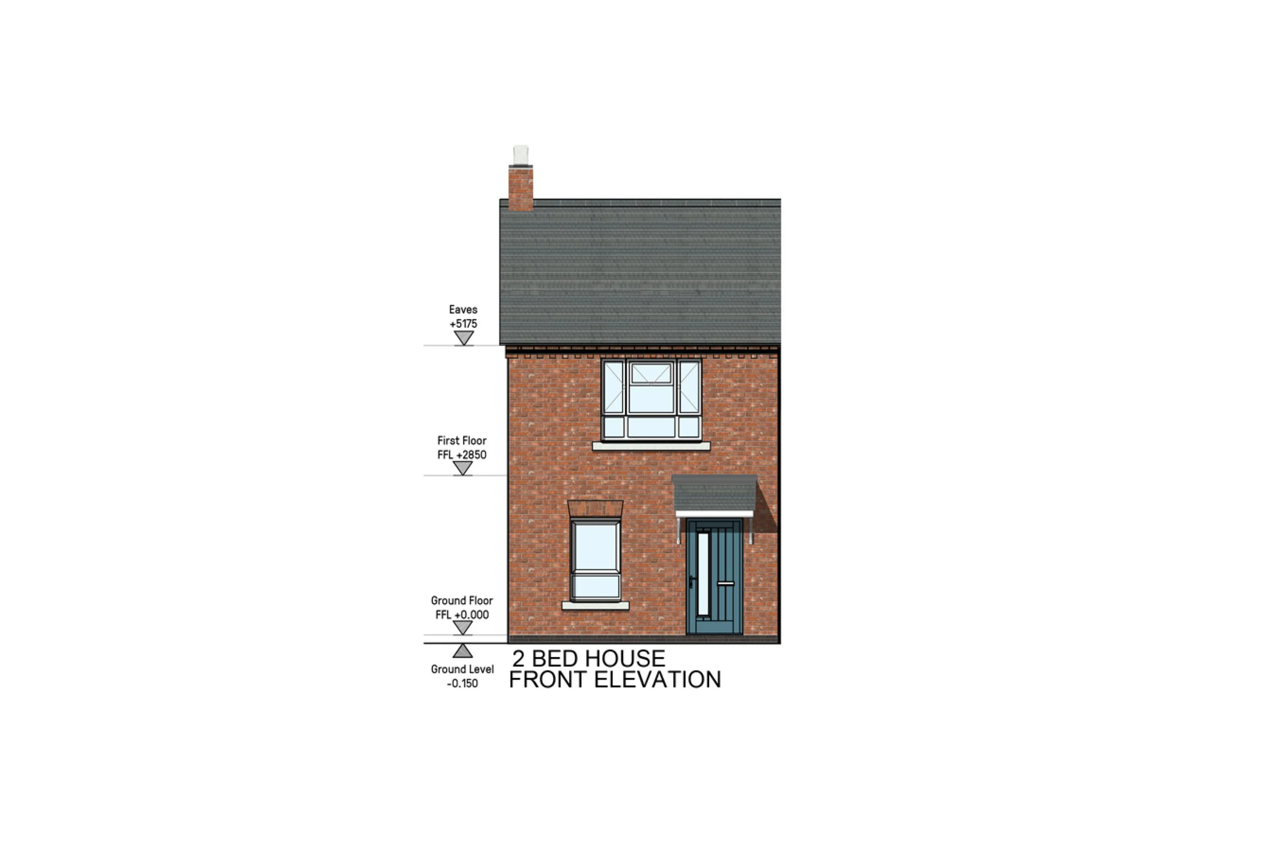 Front elevation drawing of a 2-bedroom house with brick facade, gray roof, two front windows, and a dark blue front door.