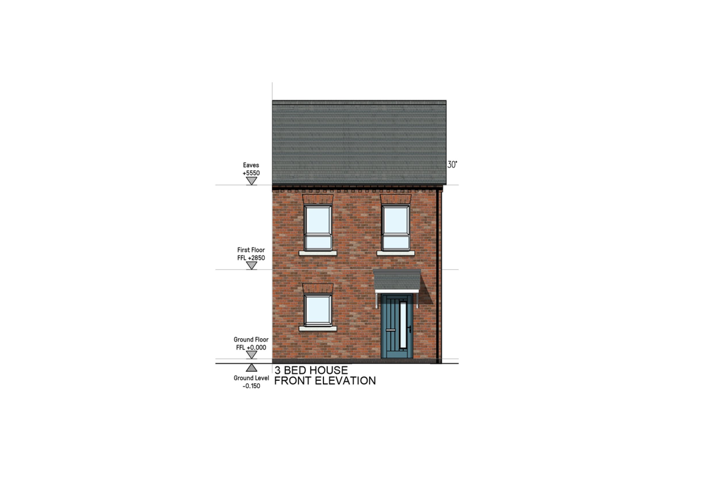 Architectural drawing of a three-bedroom house front elevation with brick exterior, blue door, and two windows on each of the upper and lower floors.