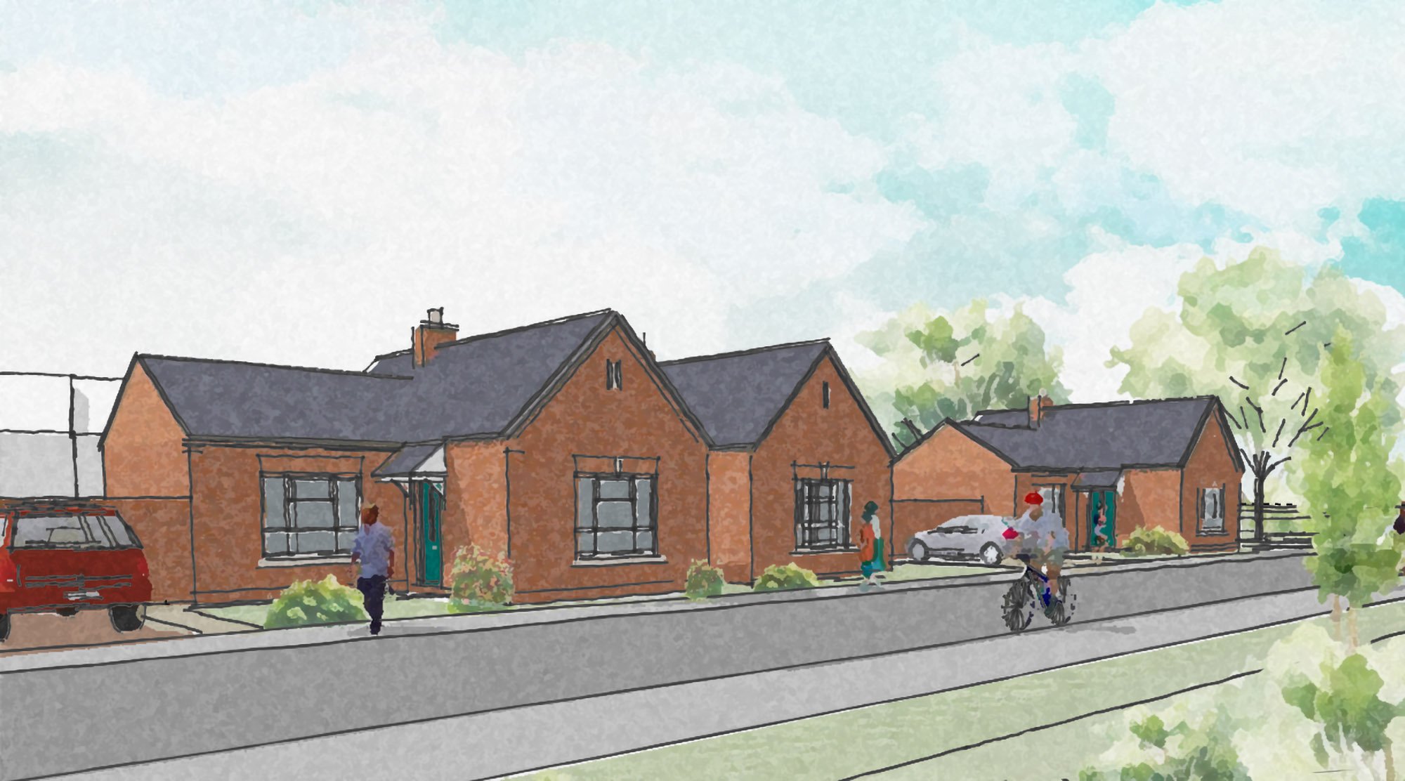 Illustration of the proposed Warton Meadows development, with brick houses, trees, cars parked in driveways, and people walking or riding bikes along the street.