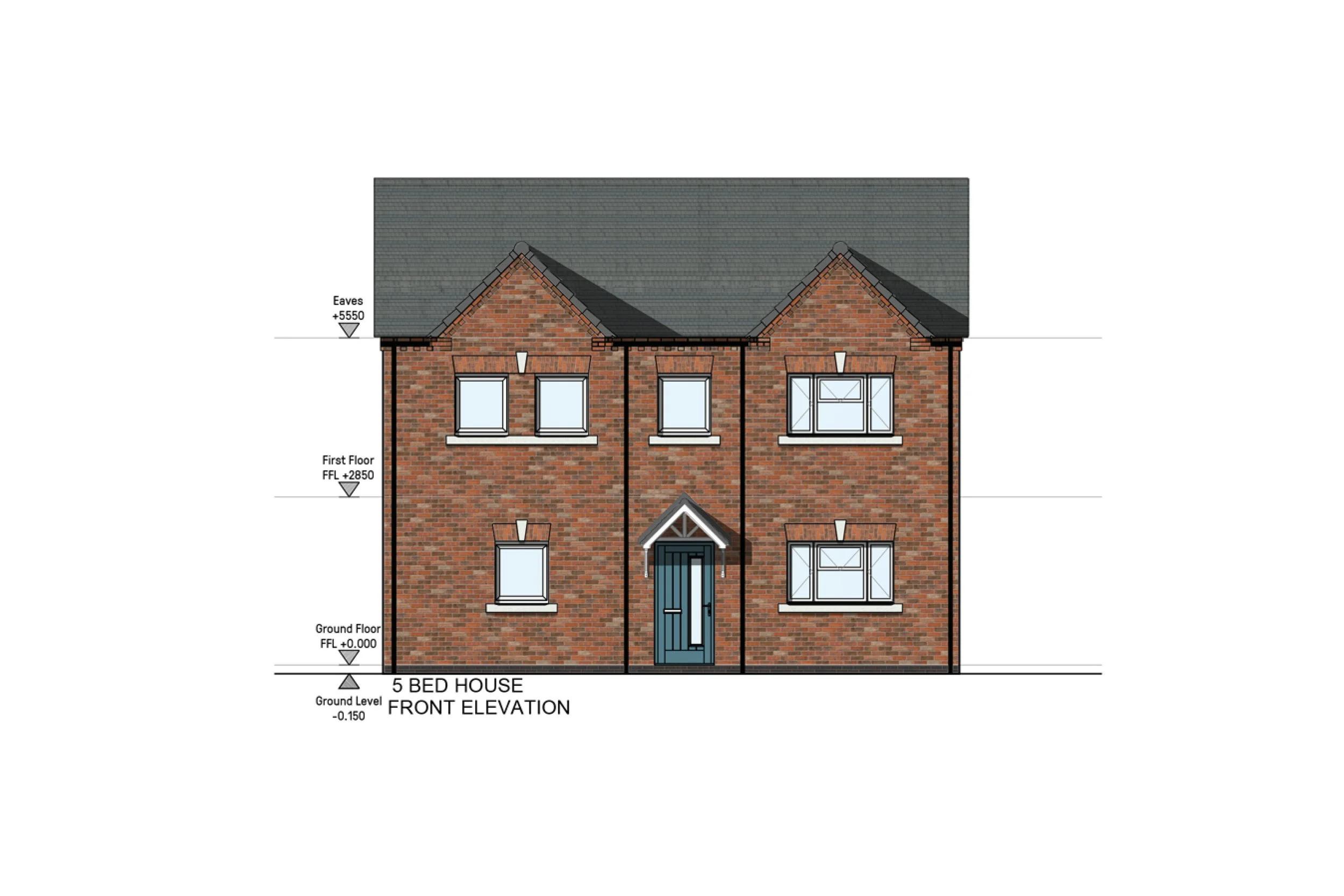 Front elevation drawing of a 5-bedroom brick house with a gable roof, front door, and multiple windows, including measurements of various levels.