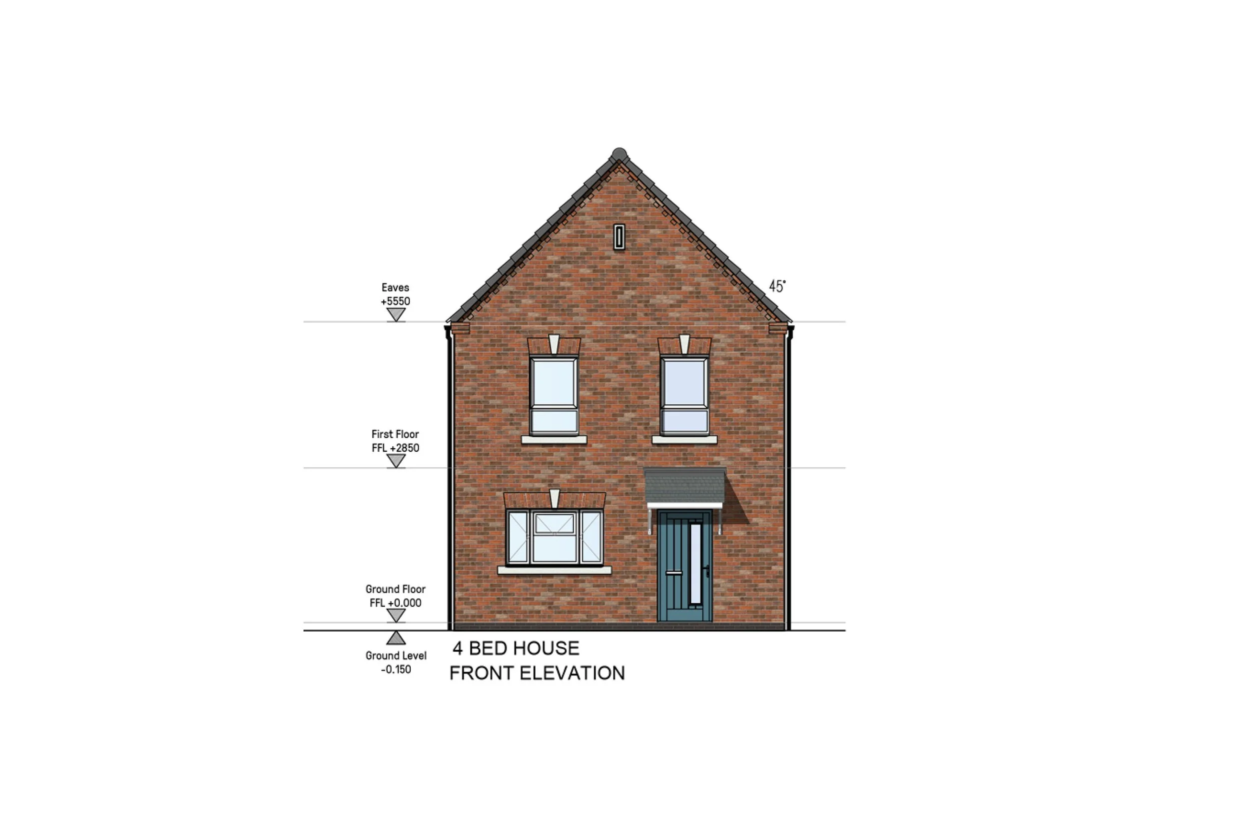 Elevation drawing of a four-bedroom brick house with two stories, featuring a front door with a small awning and four windows, two on each floor, with measurements and notes on the construction.