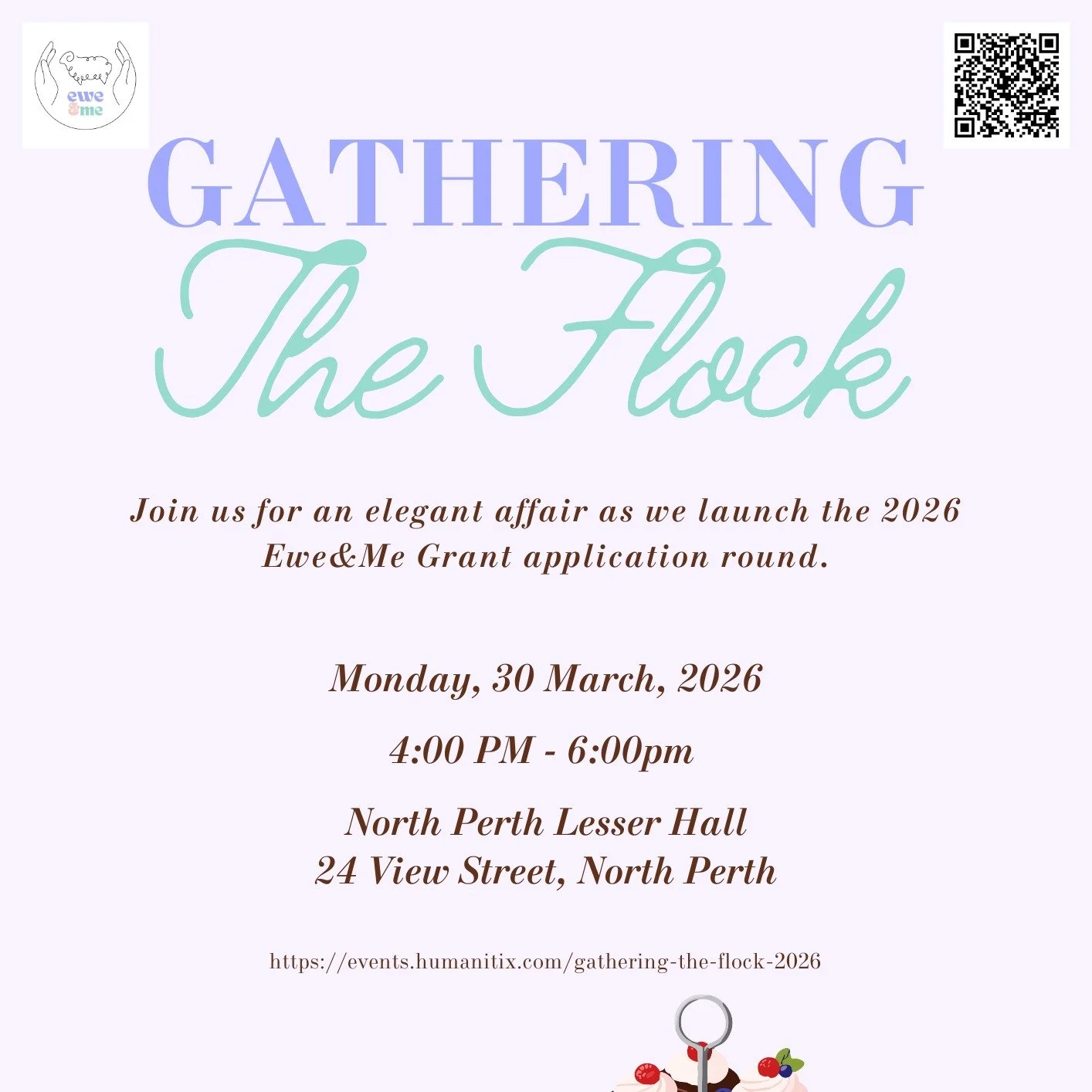 Gathering the Flock 2026 
📅 Mon 30 March | 4&ndash;6 pm AWST
📍 North Perth Lesser Hall
High tea + a tribute to Bev + 2026 Ewe &amp; Me Fund sponsorship round announcement.

Tickets via Humanitix. Share with your flock.

https://events.humanitix.com