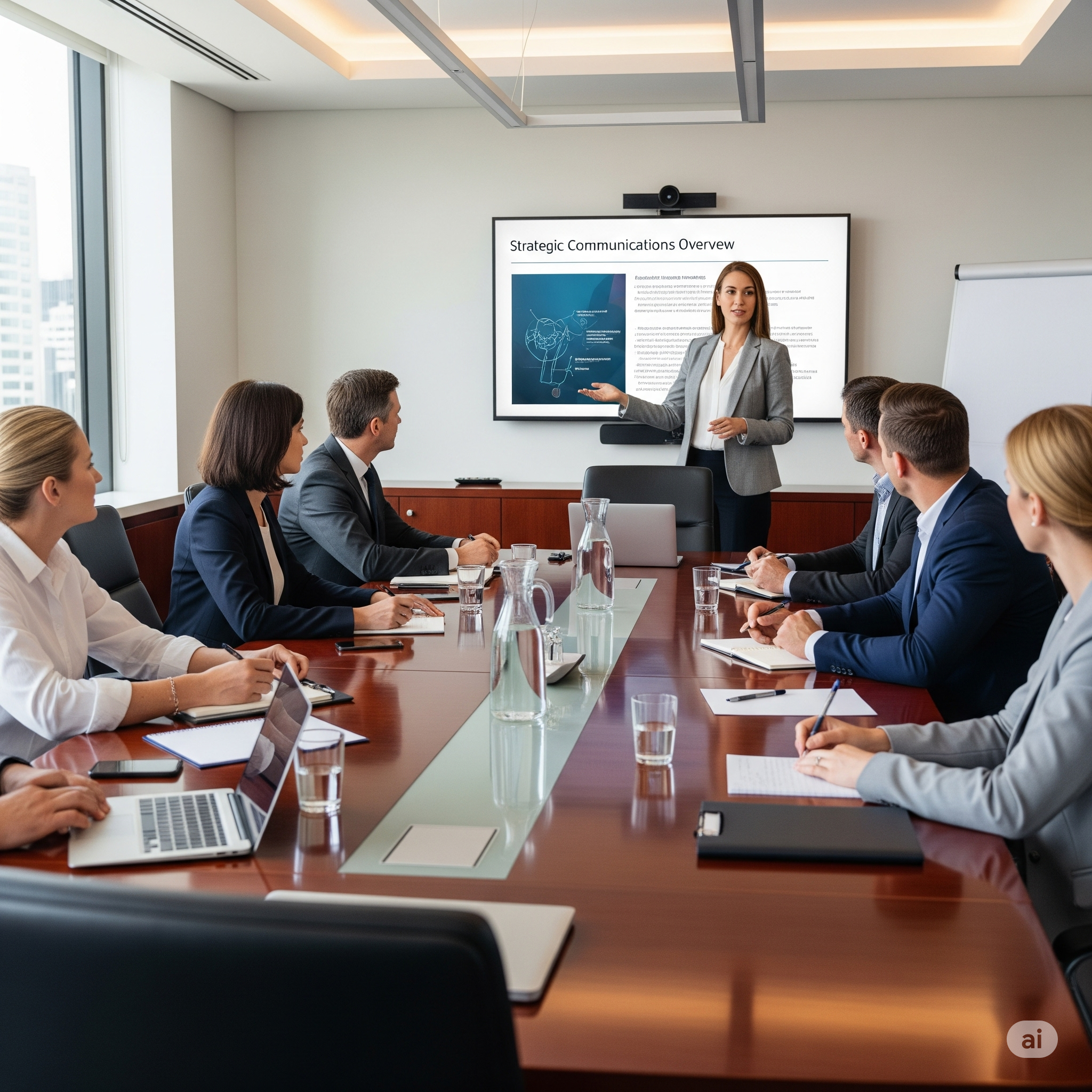 A professional businesswoman giving a presentation on corporate communications strategy to a client group. 