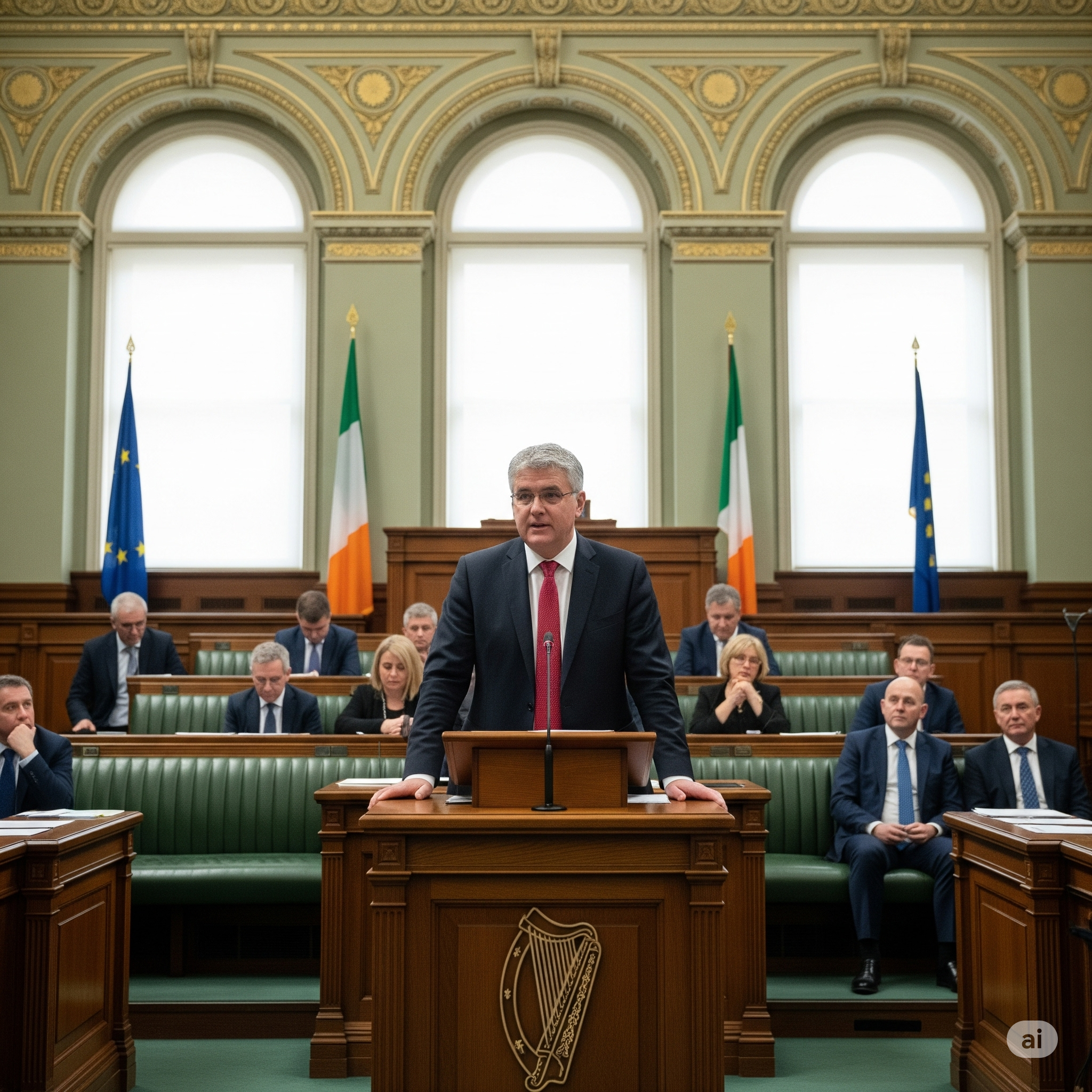 An unidentified politician addresses the houses of parliament at government buildings. 