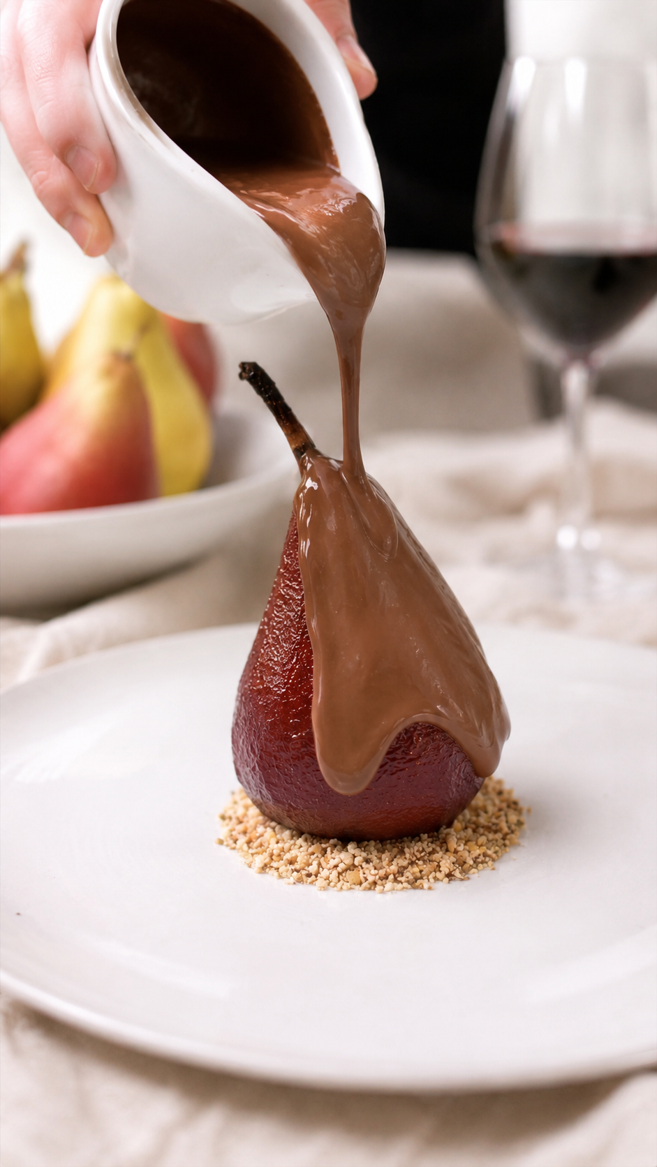 Pera al vino rosso e salsa al cioccolato fondente