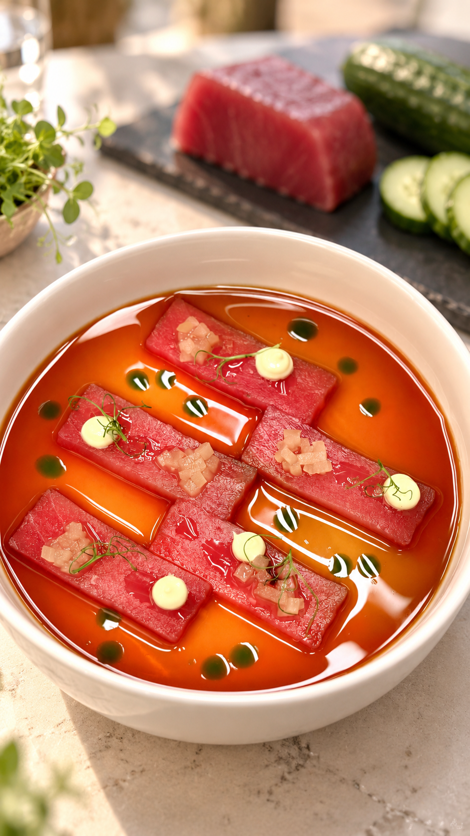 Tonno, cetriolo fermentato, wasabi e dressing alla soia e miele 