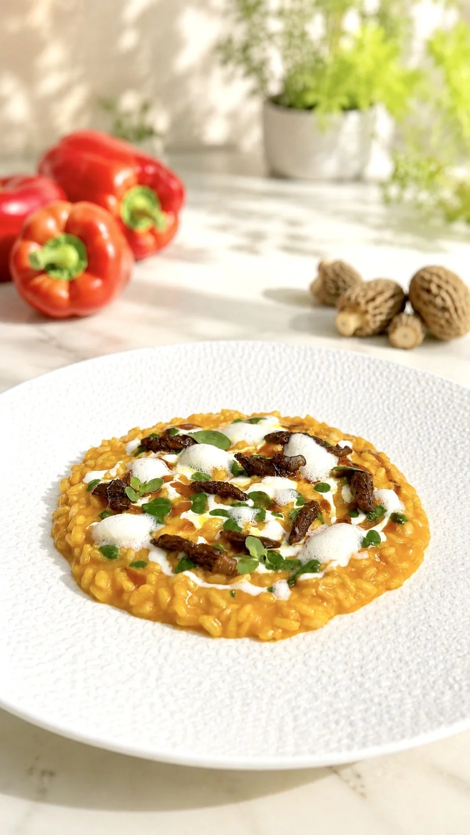 Risotto mantecato ai peperoni dolci, yogurt, spugnole e tuorlo d’uovo marinato