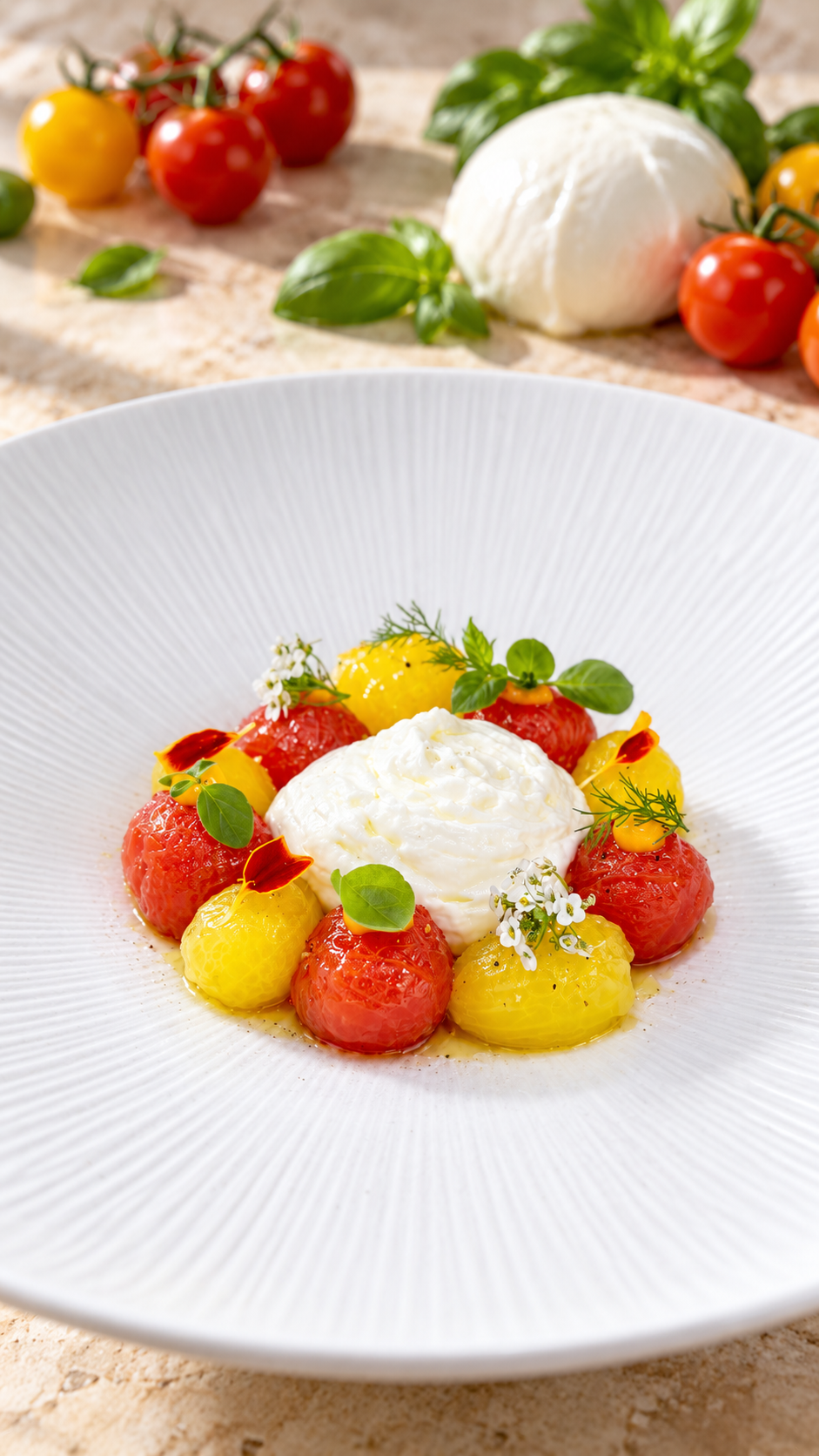 Caprese di pomodorini con spuma di mozzarella di bufala