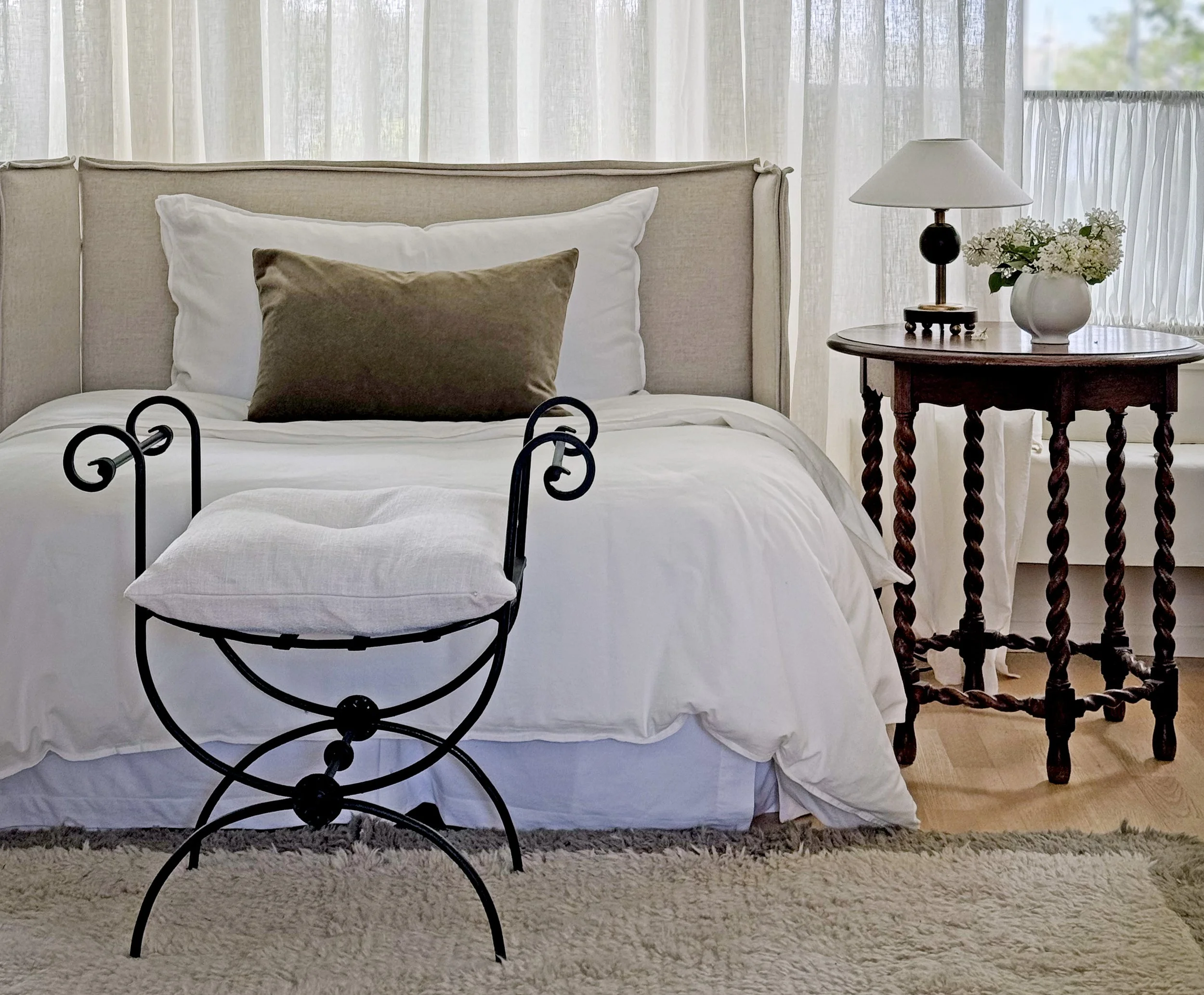 Pair of Wrought Iron Stools with seat cushions