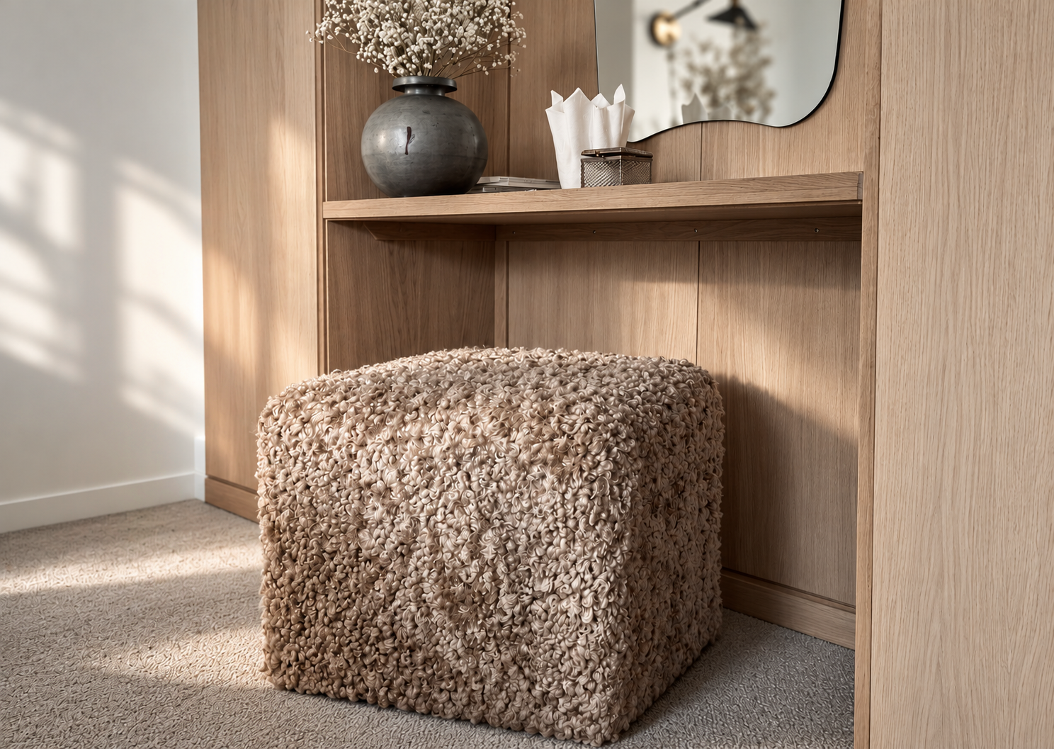 Cubic Pouf dressed in Caramel Sheepskin