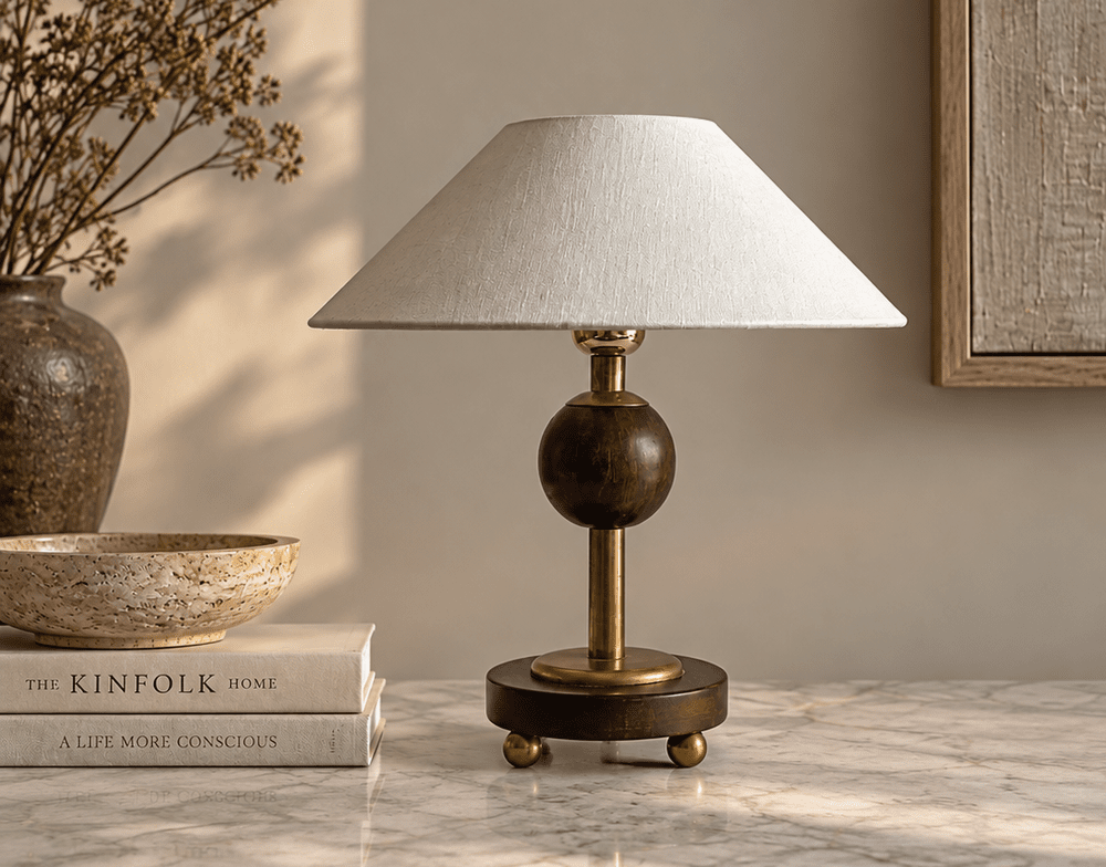 Art Deco table lamp, brass and dark oak
