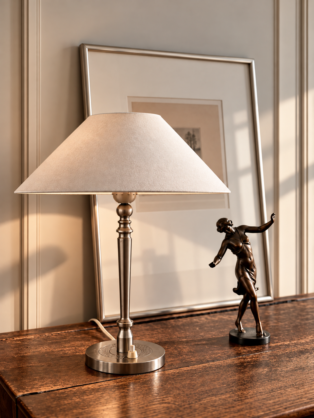 Varm bordsvinjett med lampa och bronsskulptur.png