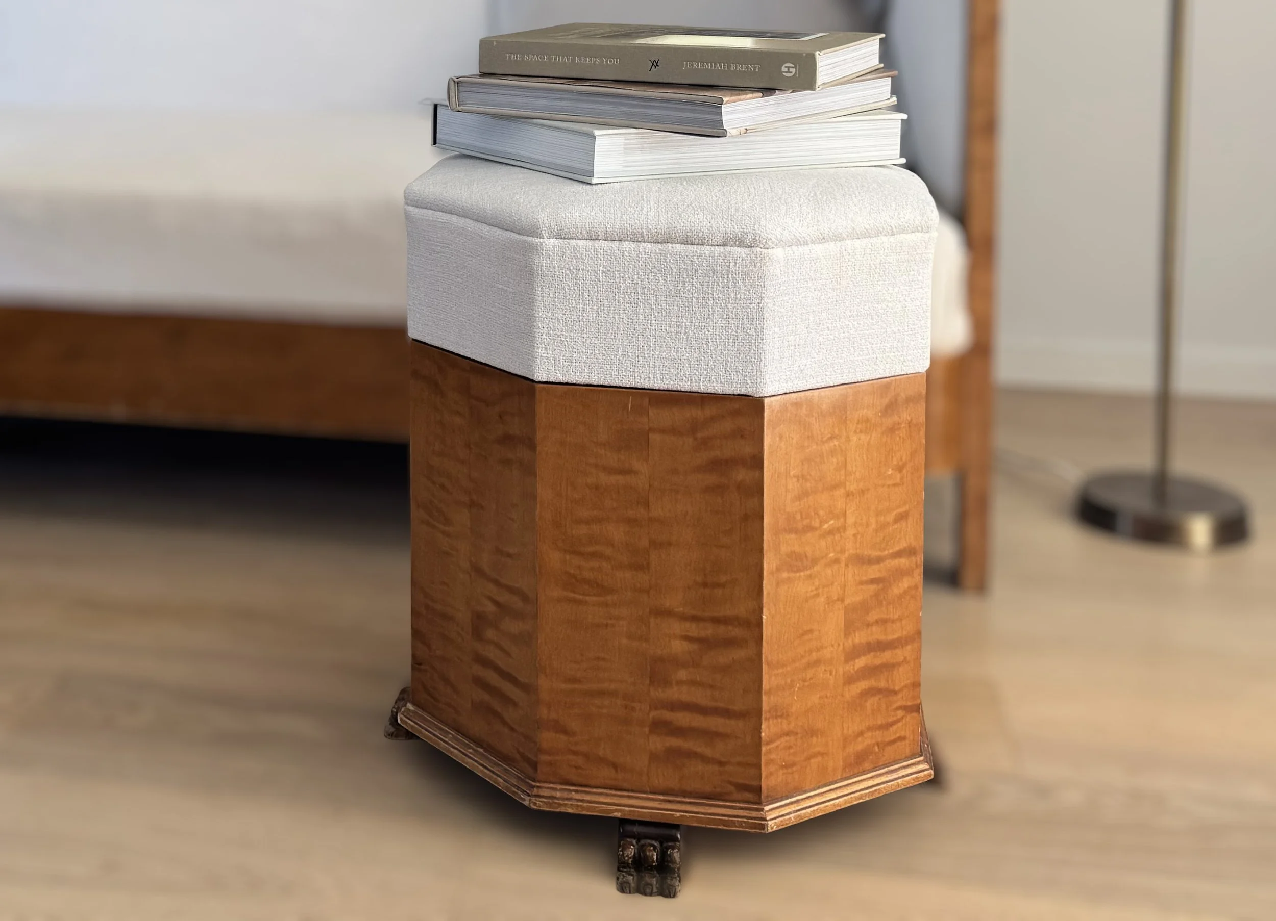 Octagonal stool with upholstered seat