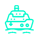 A simple, stylized drawing of a cargo ship with containers on deck