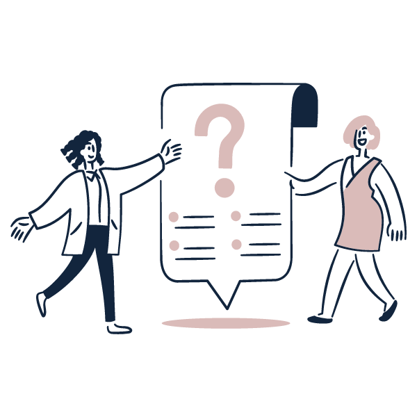 Illustration of two people engaging in a discussion, pointing to a large chat bubble with a question mark inside, representing communication or inquiry.