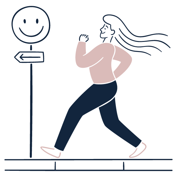 Illustration of a woman jogging past a smiling street sign with an arrow pointing left.
