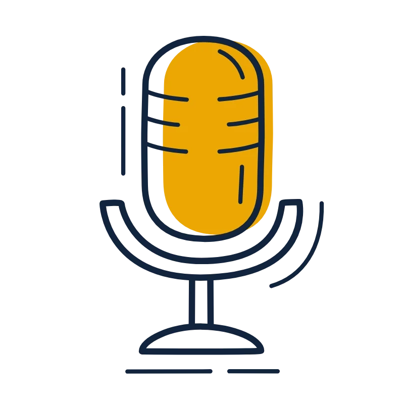 Illustration of a vintage microphone with a gold-colored grille and a dark stand, outlined in blue.