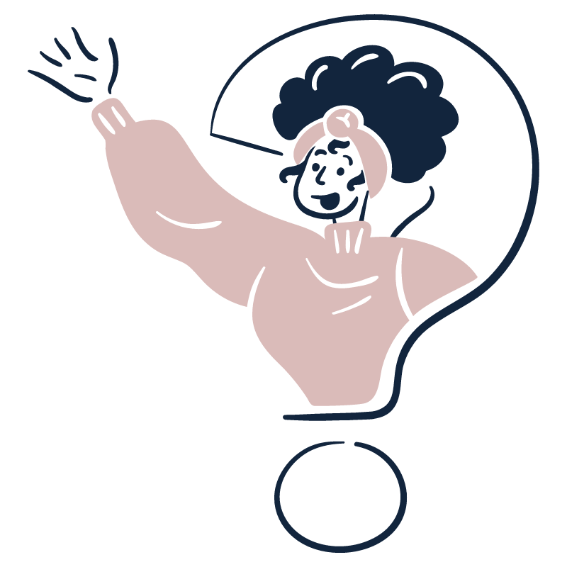 A person with curly hair and glasses, smiling and holding their head with one hand inside a light bulb outline