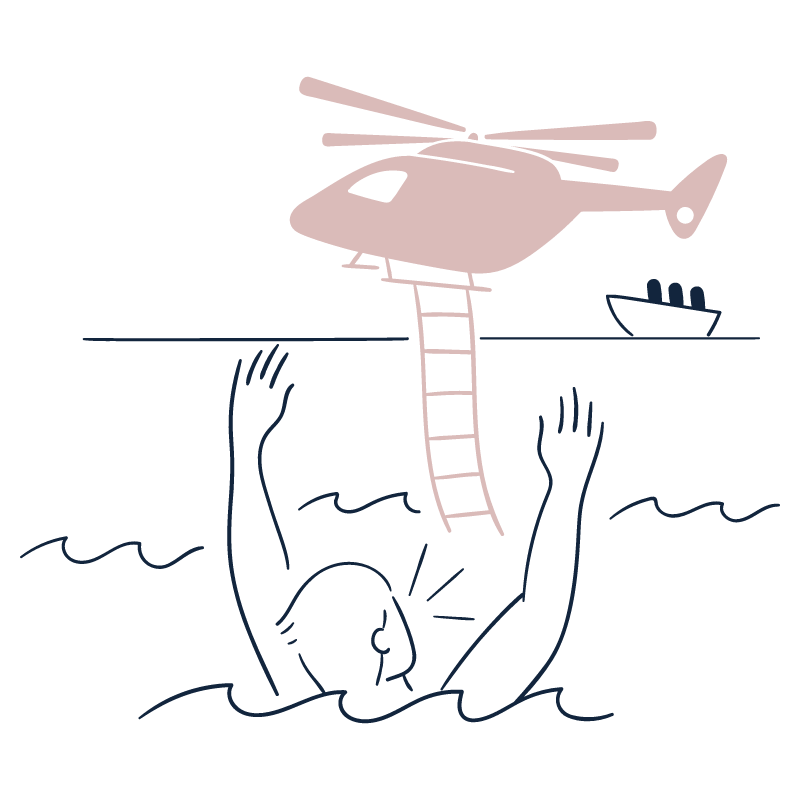 A person in water reaching up towards a helicopter hovering above with a ladder hanging down, and a boat in the distance.