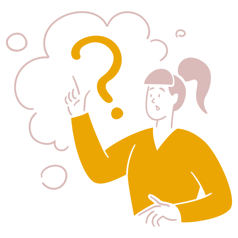 An illustration of a woman with a ponytail and a yellow sweater, holding a large yellow question mark in her right hand, and surrounded by thought bubbles, indicating she is thinking or confused.