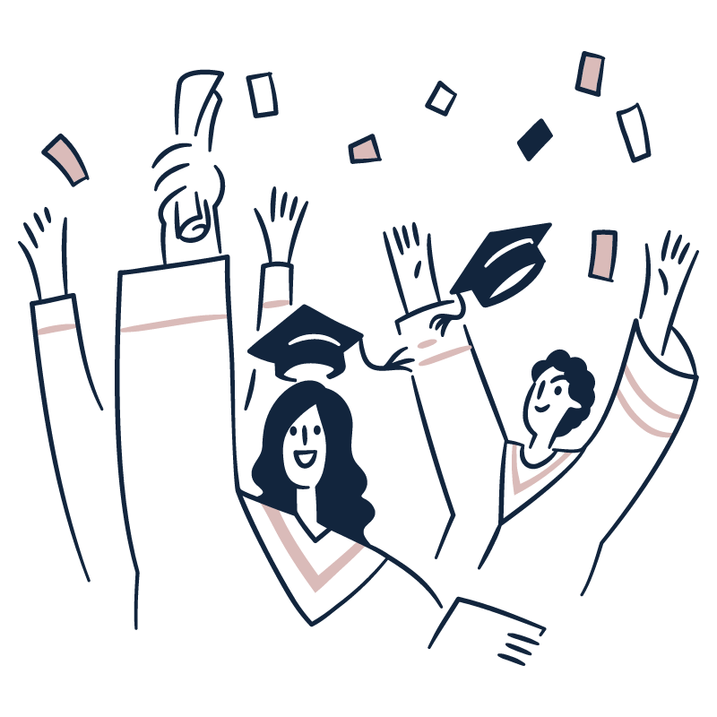 Illustration of three graduates in caps and gowns celebrating with confetti.