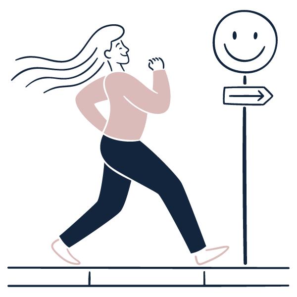 A cartoon woman jogging outdoors next to a signpost with a smiling face and an arrow pointing to the right.
