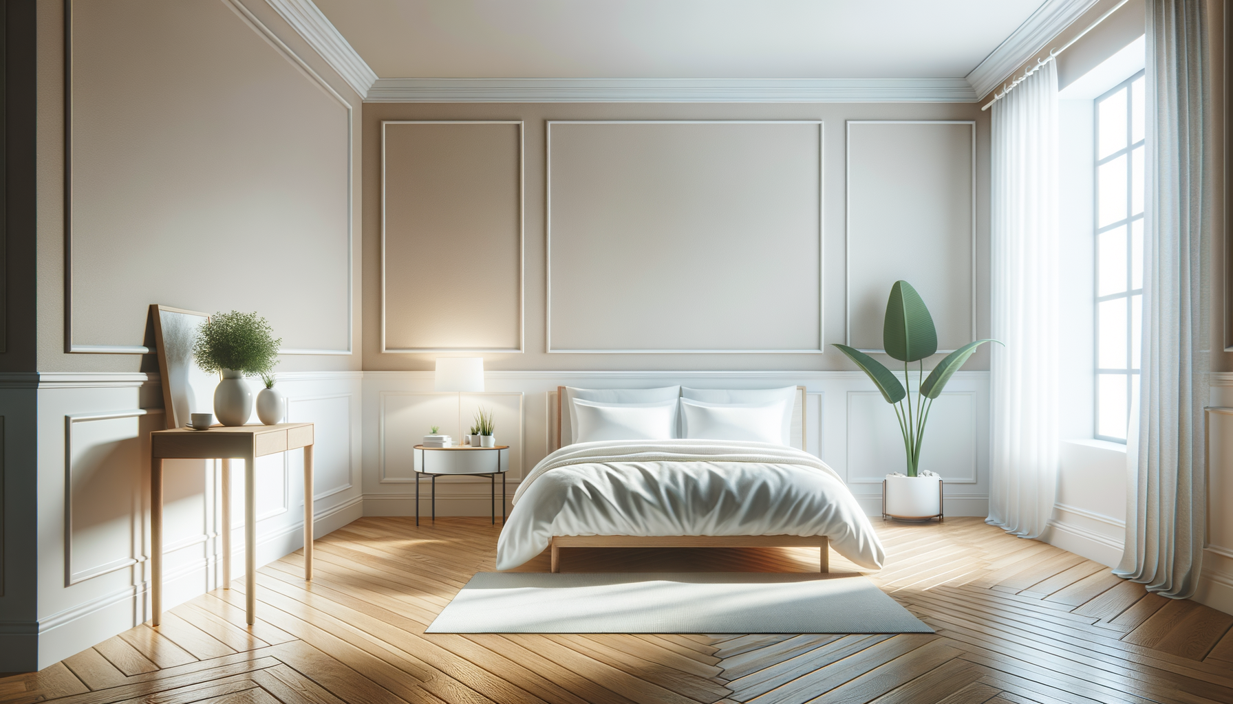 Bright, airy bedroom with white walls, wooden floors, a bed with white bedding, a small side table with a lamp and plants, a larger side table with a framed picture and potted plant, and a tall potted plant near the window with curtains.
